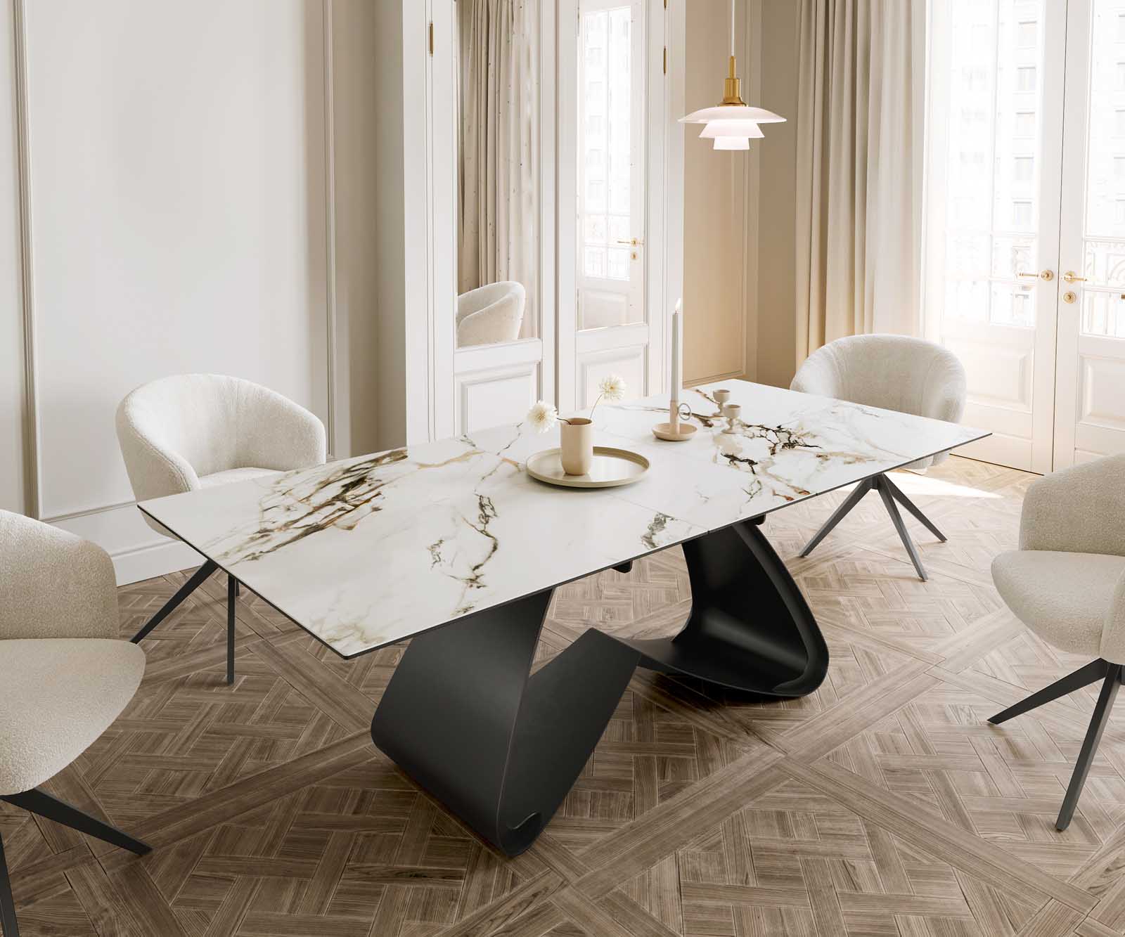 Разтегателна трапезна маса Edge 180-220х100 см Керамика Calacatta Luxe Бял-Злато-Сив W-образна основа Черен