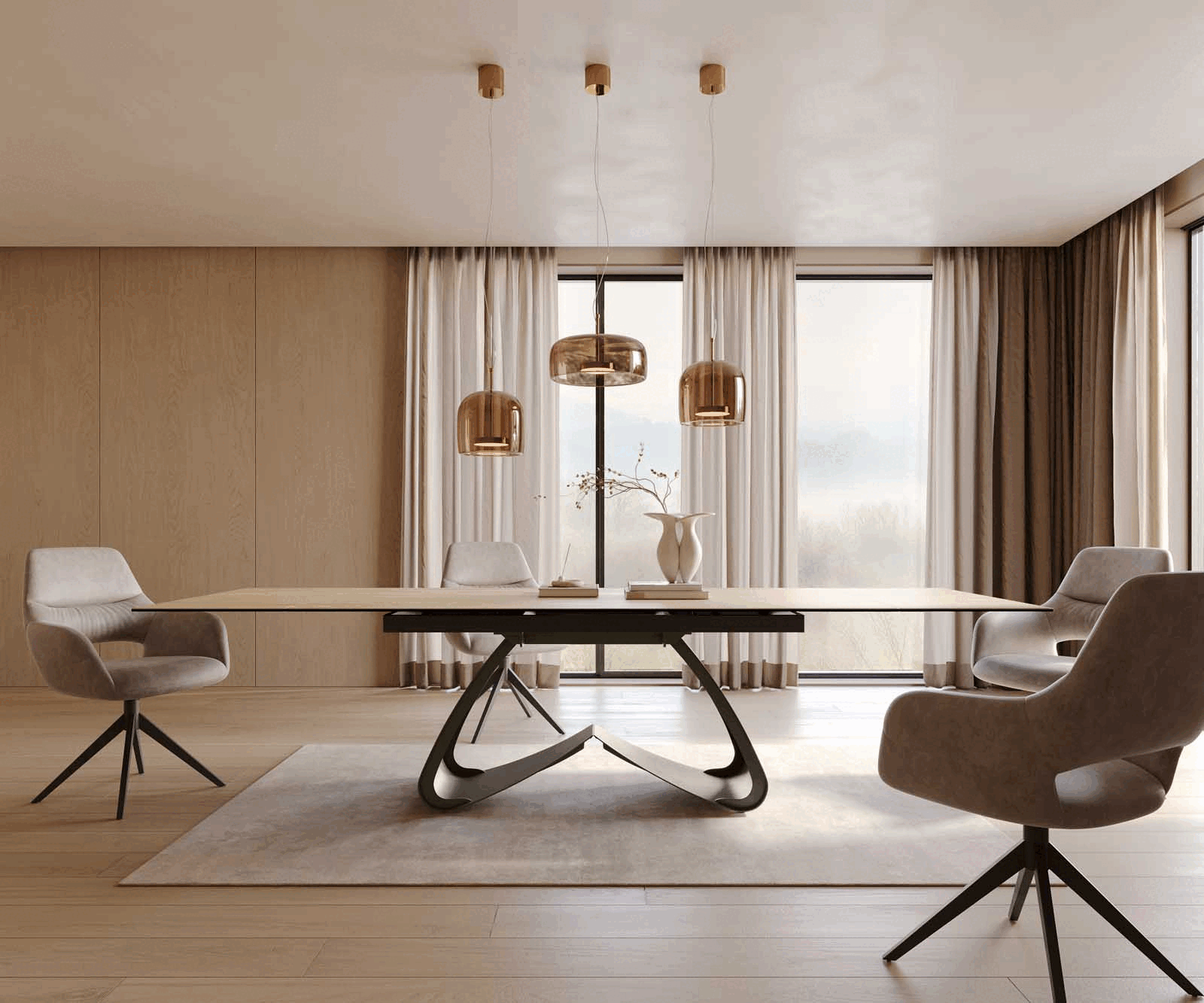 Разтегателна трапезна маса Edge 200-300x100 см Керамика Laminam® Sabbia Цвят дъб W-образна основа Титаниев цвят 2