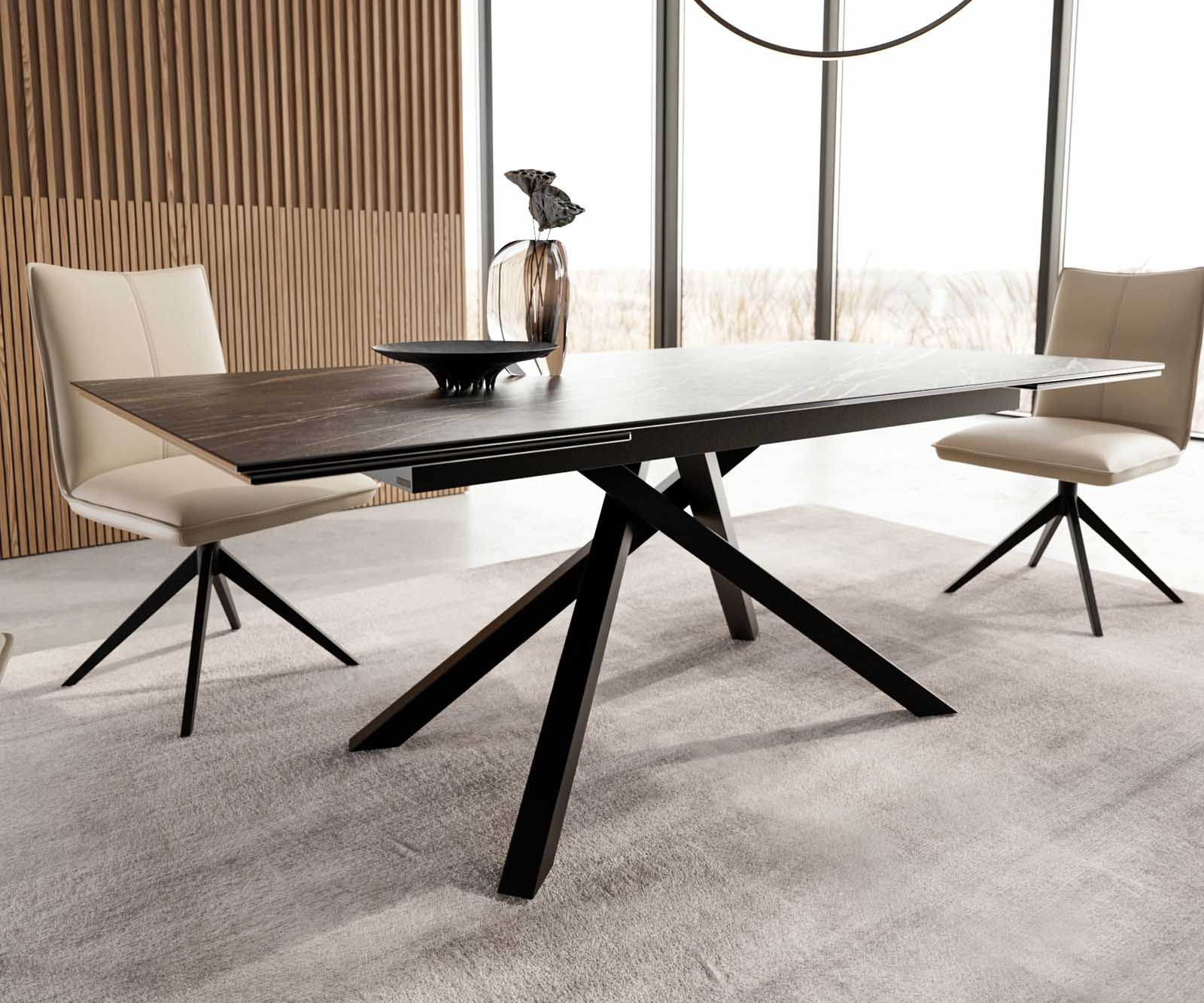 Разтегателна трапезна маса Edge 200-300х100 см Керамика Laminam®Noir Desir Тъмнокафяв Кръсртовидна основа Черен 5