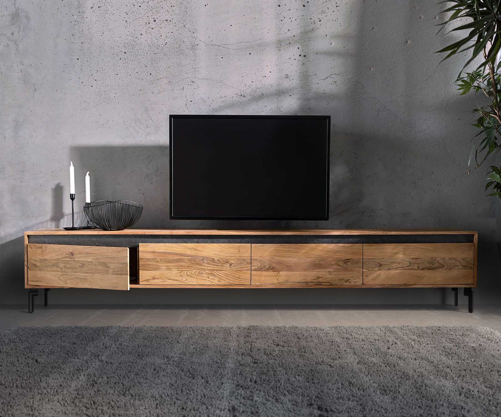 ТВ шкаф 240 cm Акация Натурал 4 Врати Крак Овал Метал Черен Stonegrace 4