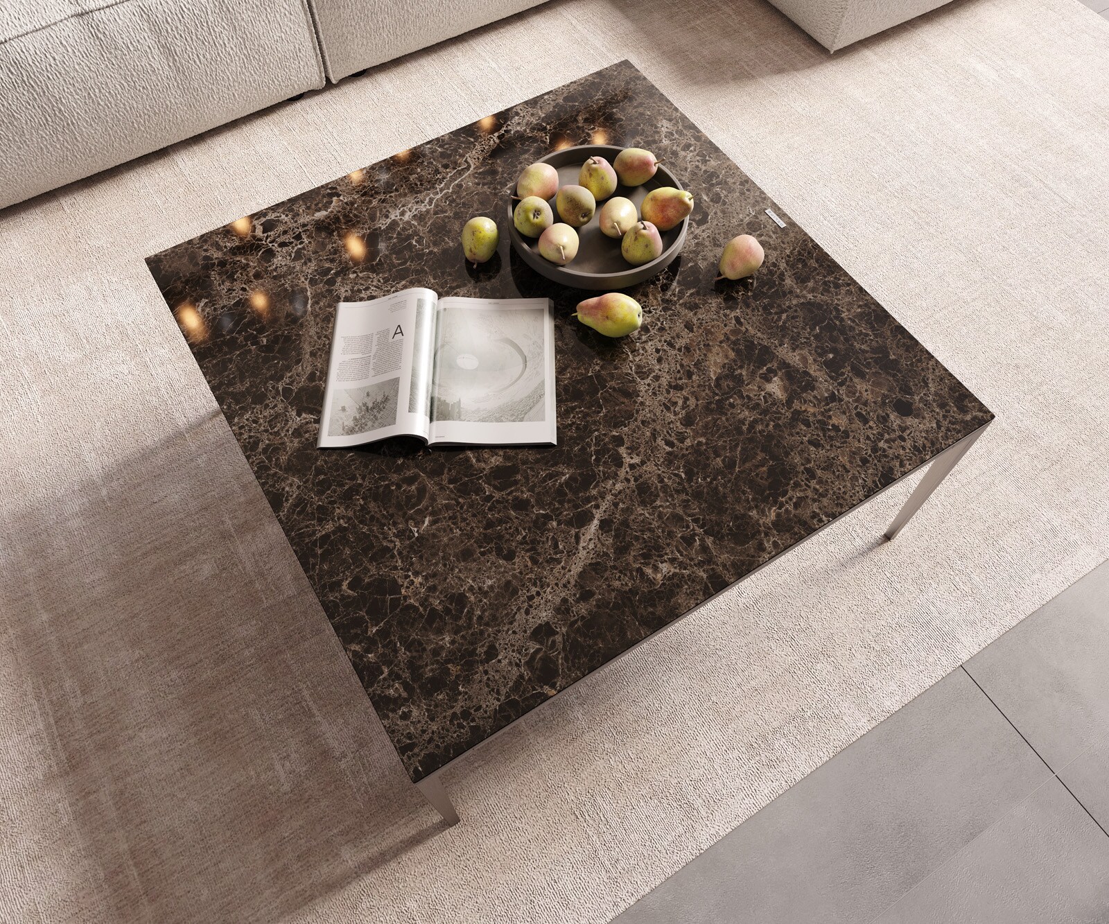 Масичка за кафе Levente 85x85 cm керамика Laminam®Emperador Extra Lucidato тъмнокафяво Рамка от неръждаема стомана сребро 3