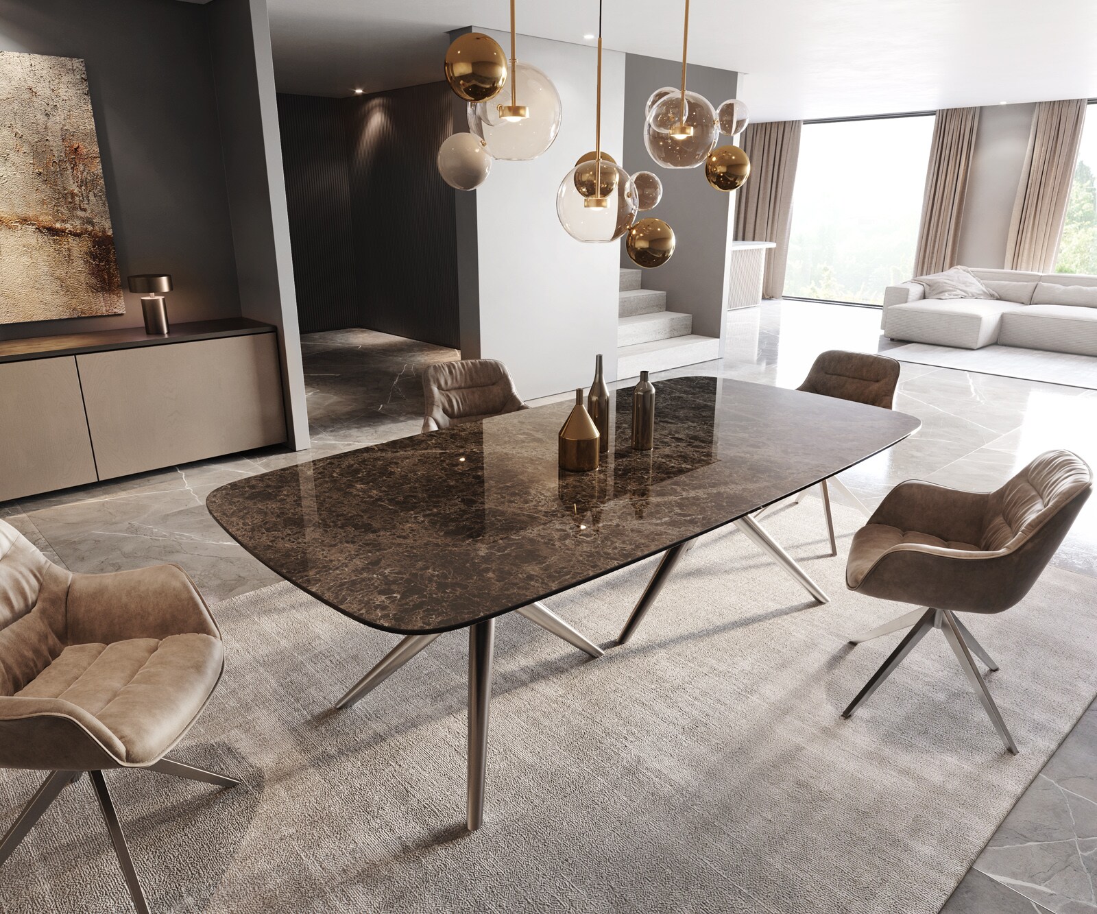 Трапезна маса Edge Boot 240x120, керамика Laminam „®“, „Emperador Extra Lucidato“, тъмнокафяво, „Estelar“, кръгла, неръждаема стомана 1