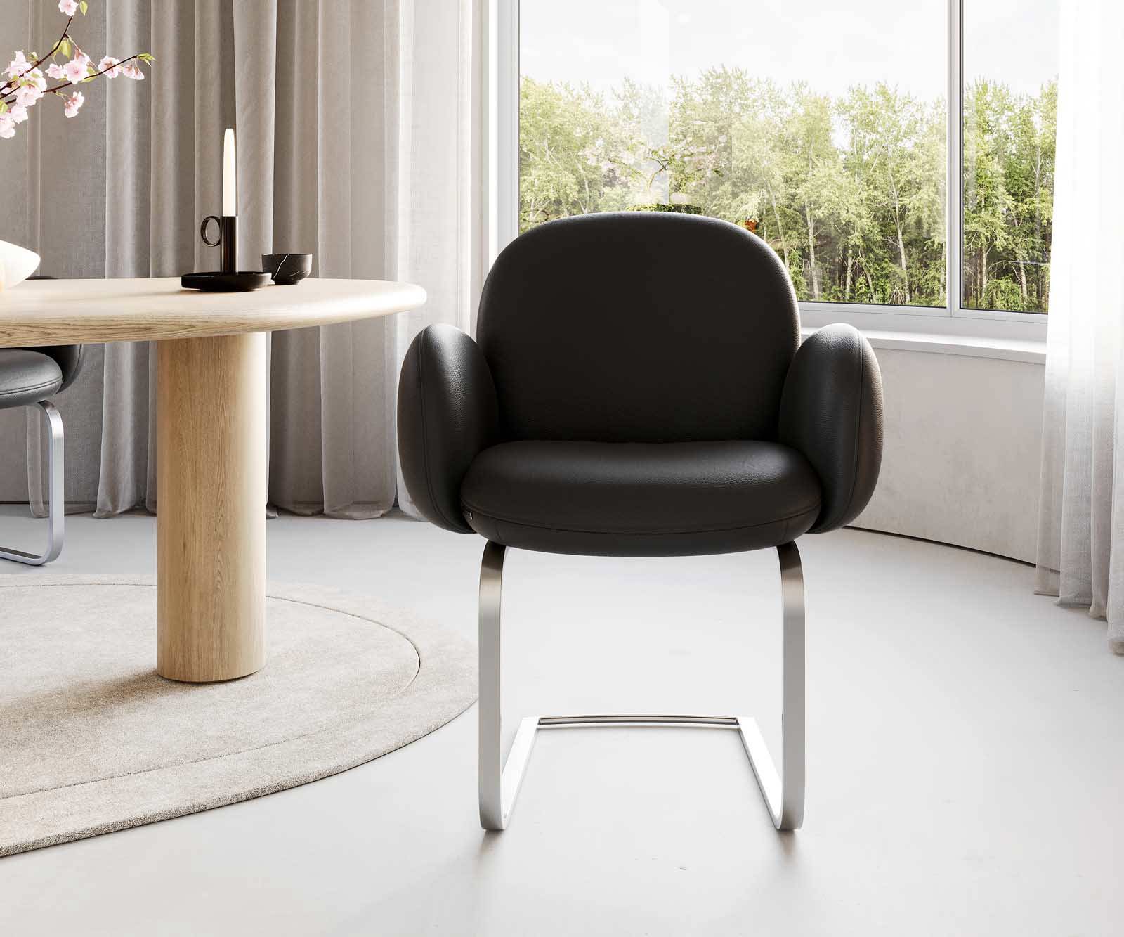 Люлеещ стол с подлакътници Естествена кожа Черен Конзолен крак плосък Неръждаема стомана Покет пружина Nube-Flex 2