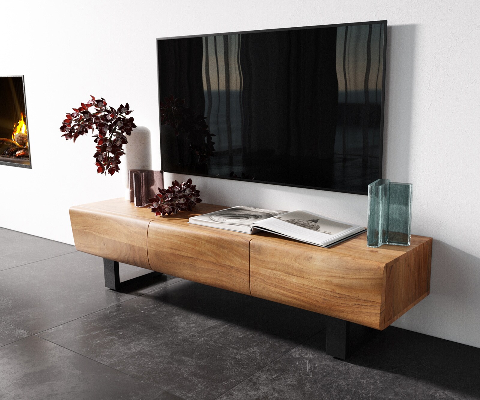 Ниска дъска New Live-Edge 145 cm естествена акация 3 вратички метален бегач черен