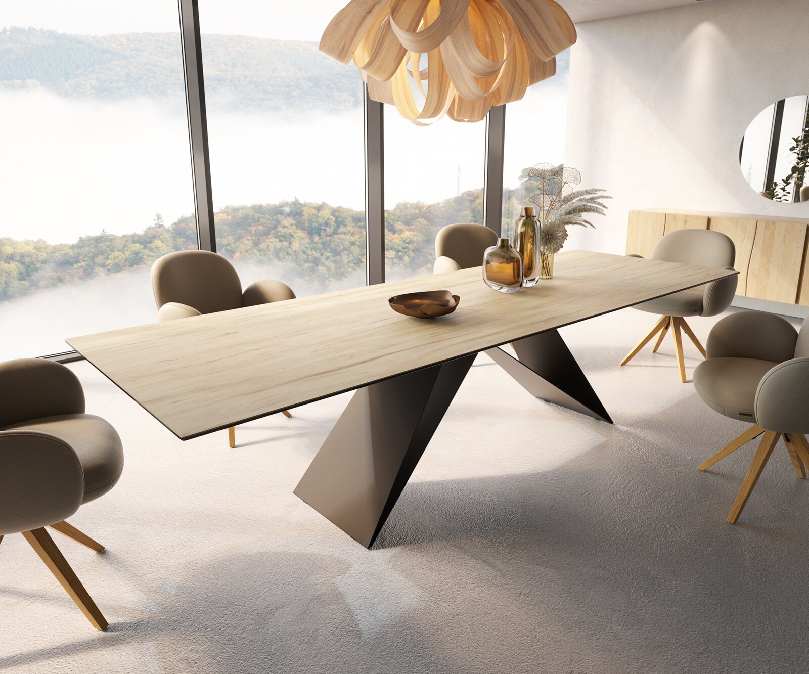 Маса 300x100 Keramik Laminam® Sabbia Дъбцвят V-Рамка плоска стомана Черен Edge