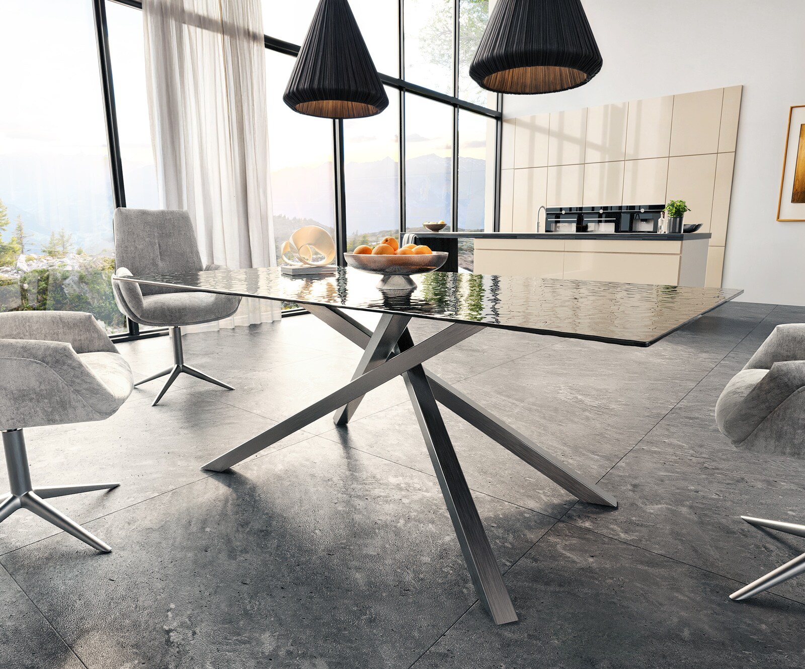 Трапезна маса Edge 200x100 релефно стъкло опушено черно 3D дизайн кръстосана рамка правоъгълна неръждаема стомана 3