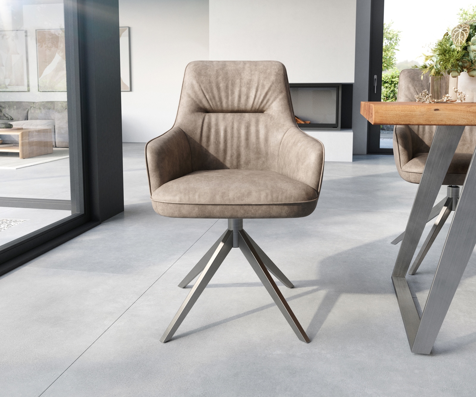 Врътящ се стол с подлакътници Таупе Винтидж Конус крак плосък Неръждаема стомана 360° въртящ се Покет пружина Zelia-Flex 2