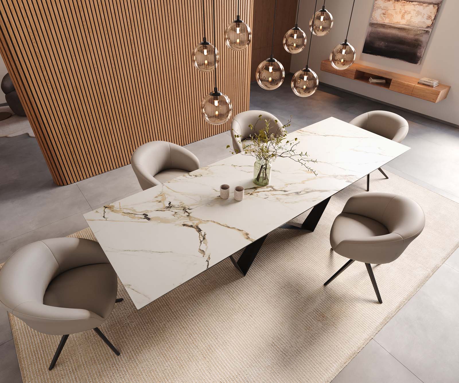 Трапезна маса Edge 300x100, керамика Calacatta Luxe, бяло-златно-сиво, Spider, плоска стомана, черно 5