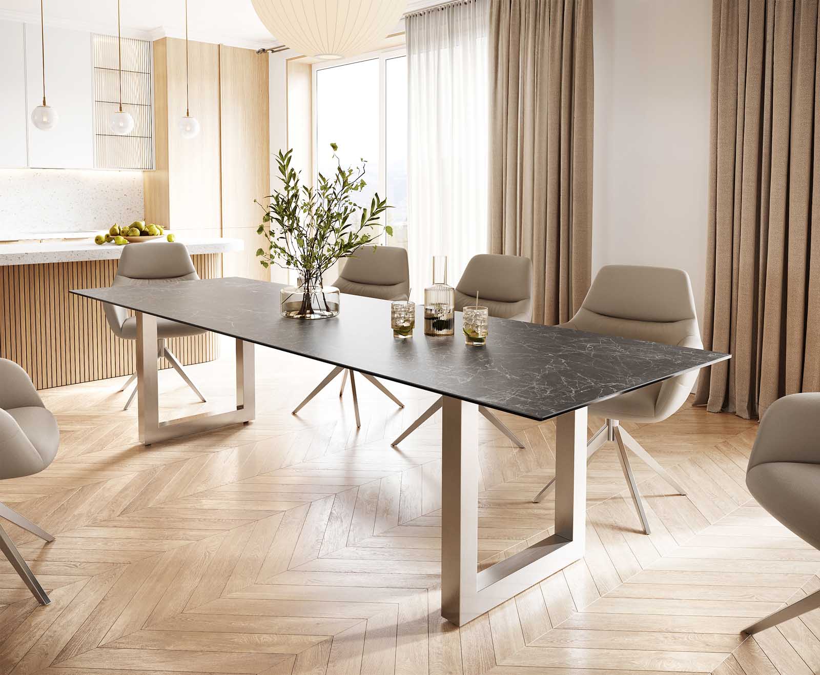 Маса 300x100 Keramik Laminam® Nero Greco Антрацит Неръждаема стомана Широк профил Edge