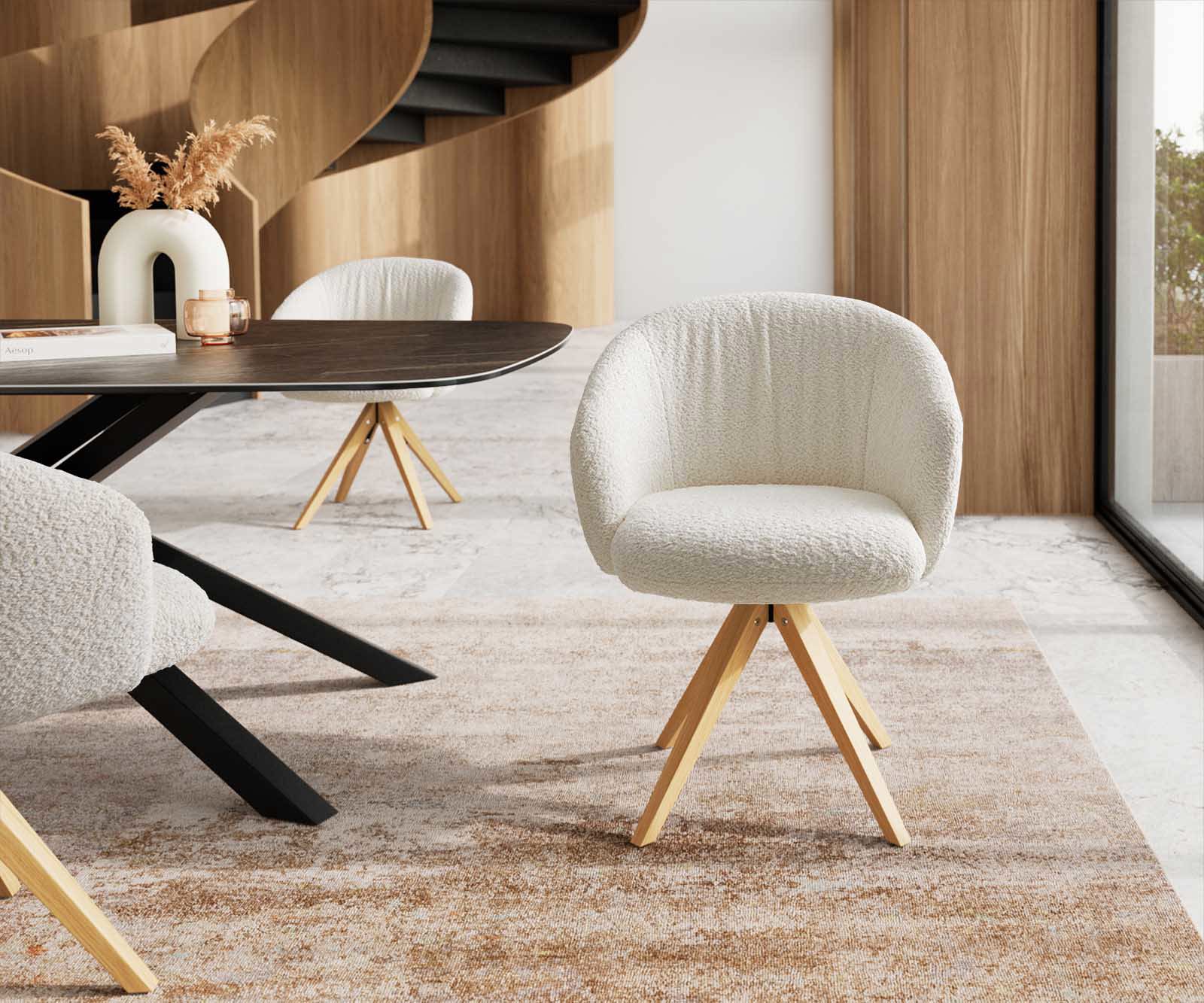 Врътящ се стол с подлакътници Букле Бял Дървена рамка  Натурал 180° въртящ се Покет пружина Caja-Flex 1 Врътящ се стол с подлакътници Букле Бял Дървена рамка  Натурал 180° въртящ се Покет пружина Caja-Flex 1