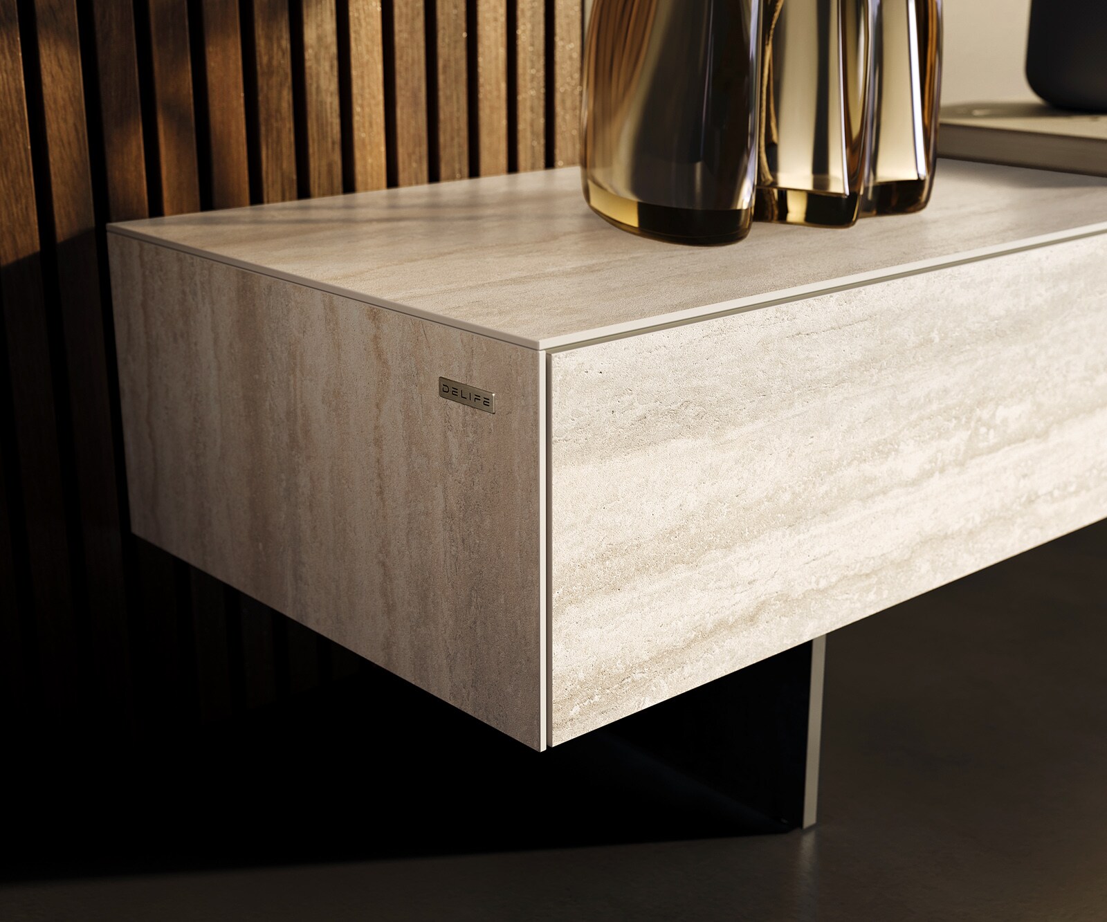 Ниска дъска Cuor 200 cm Керамичен ламинат® Travertino Bianco Крем-бяло 1 клапа 1 чекмедже Основа Окачен поглед Метал черен 6