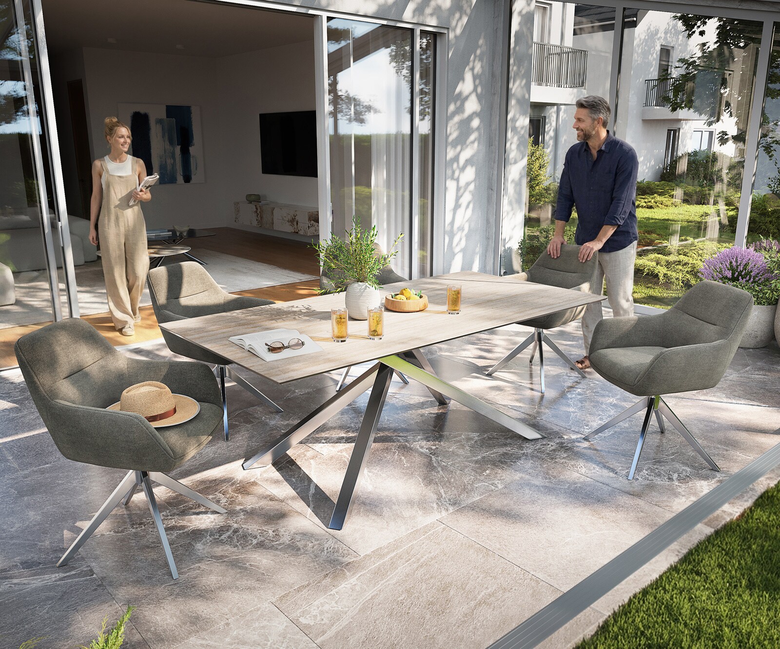 Луксозна външна маса Edge 200x100 см керамичен правоъгълен плот Laminam ® Travertino Bianco, Кръстовидна основа, Крем-бяло/Сребристосив