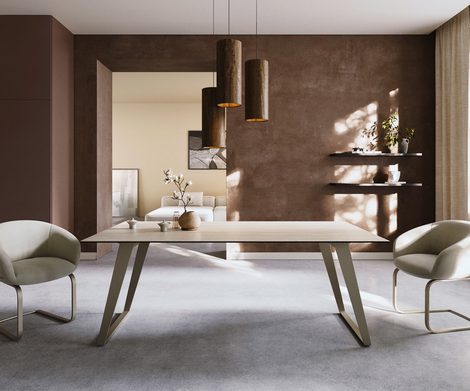 Трапезна маса Edge 200x100, керамика Laminam „®“, Travertino Bianco, кремаво-бяла, метал, наклонена повърхност с ефект „Титан“