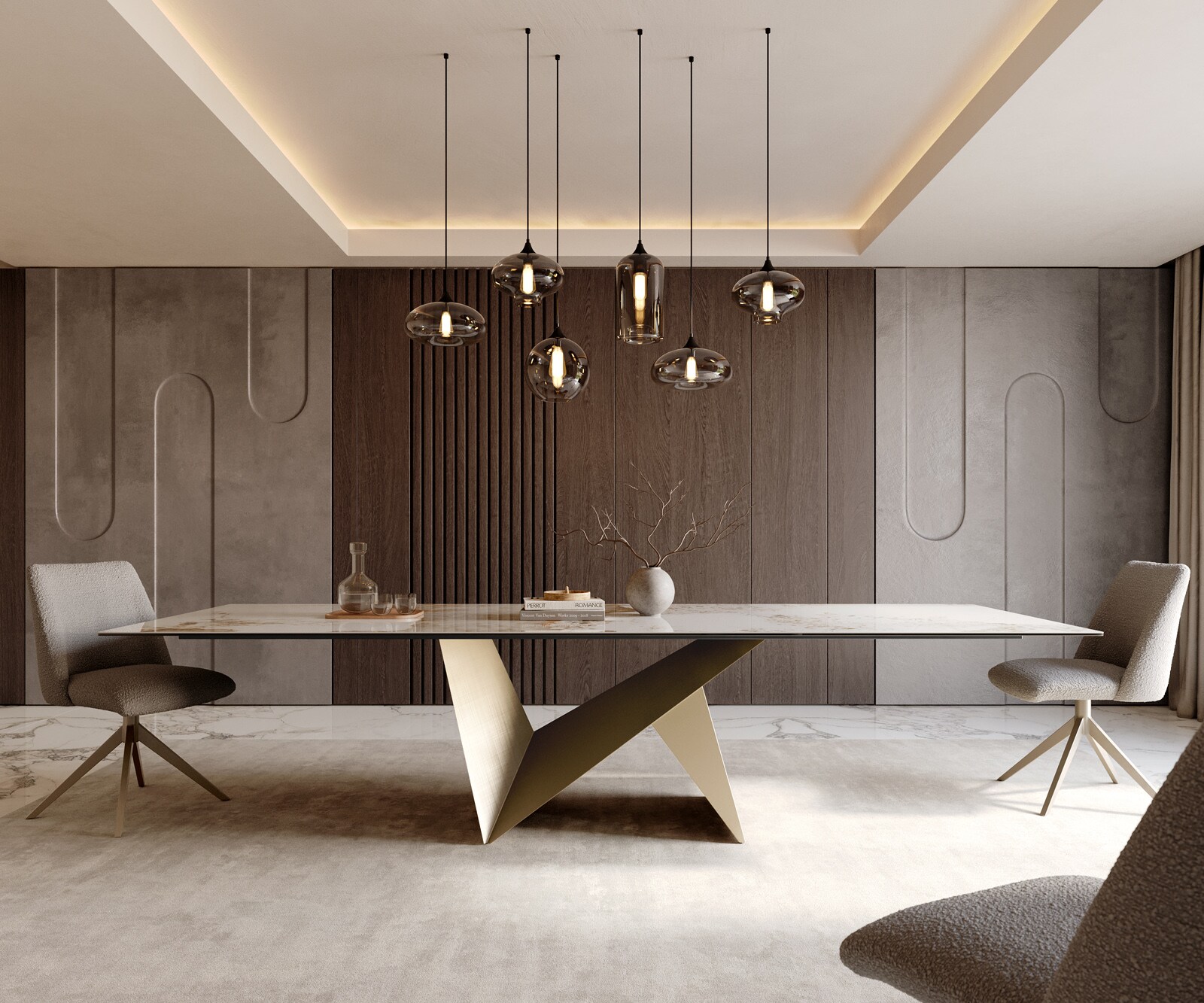 Трапезна маса Edge 300x100 керамика Minas Melange Бяло-бежово Origami Метално злато 1