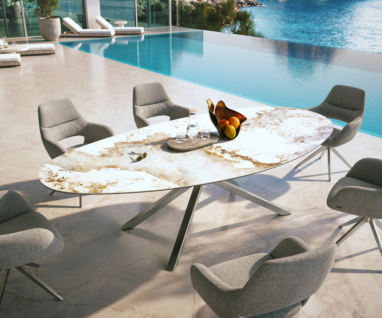 Маса Edge Овал 280x130 см, керамика Minas Melange, бяло-бежова, подходяща за външна употреба, кръстосана рамка, правоъгълна, неръждаема стомана 1