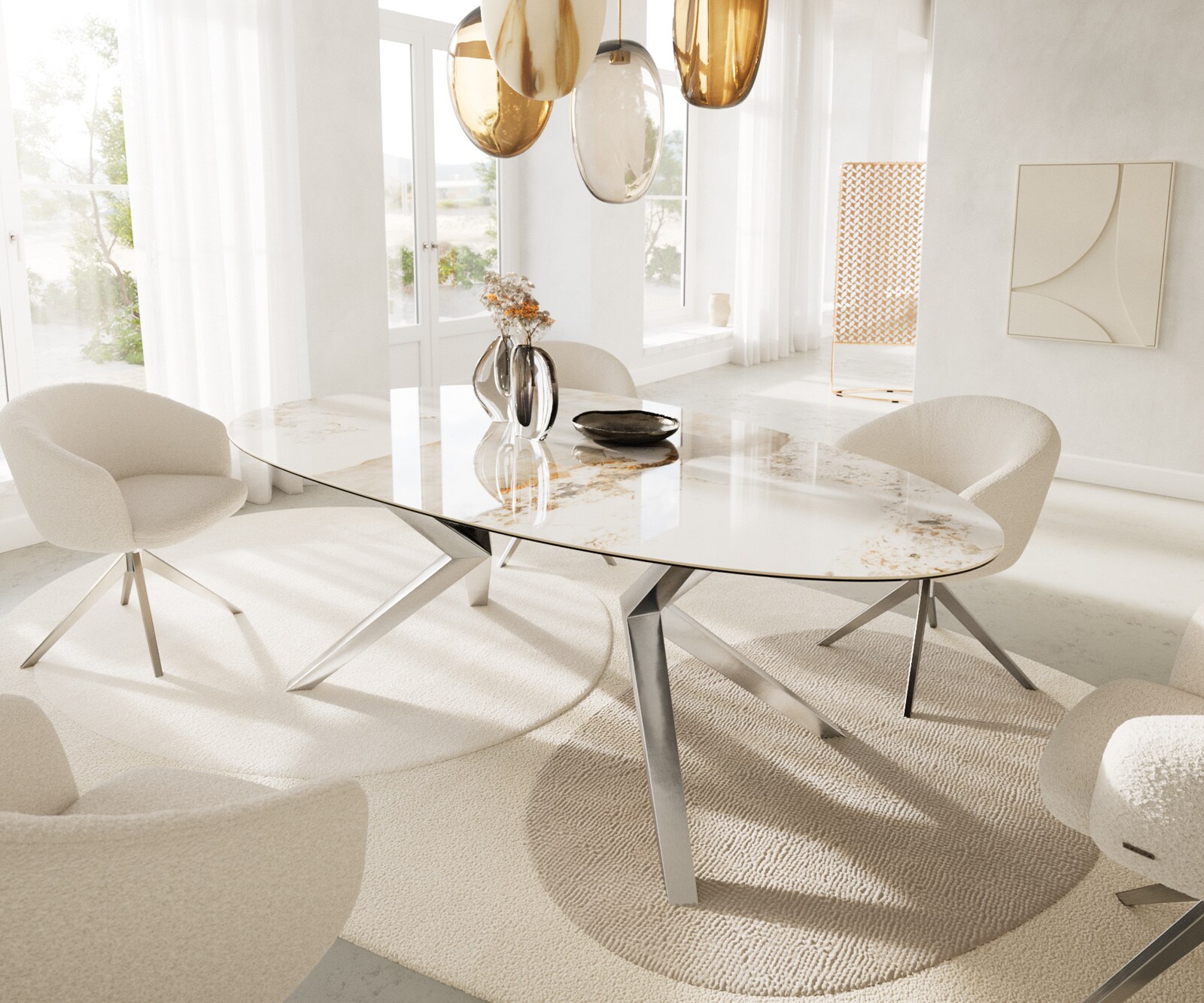 Трапезна маса Edge Oval 220x120, керамика Minas Melange, бяло-бежово, Zenthara с остри ръбове, неръждаема стомана