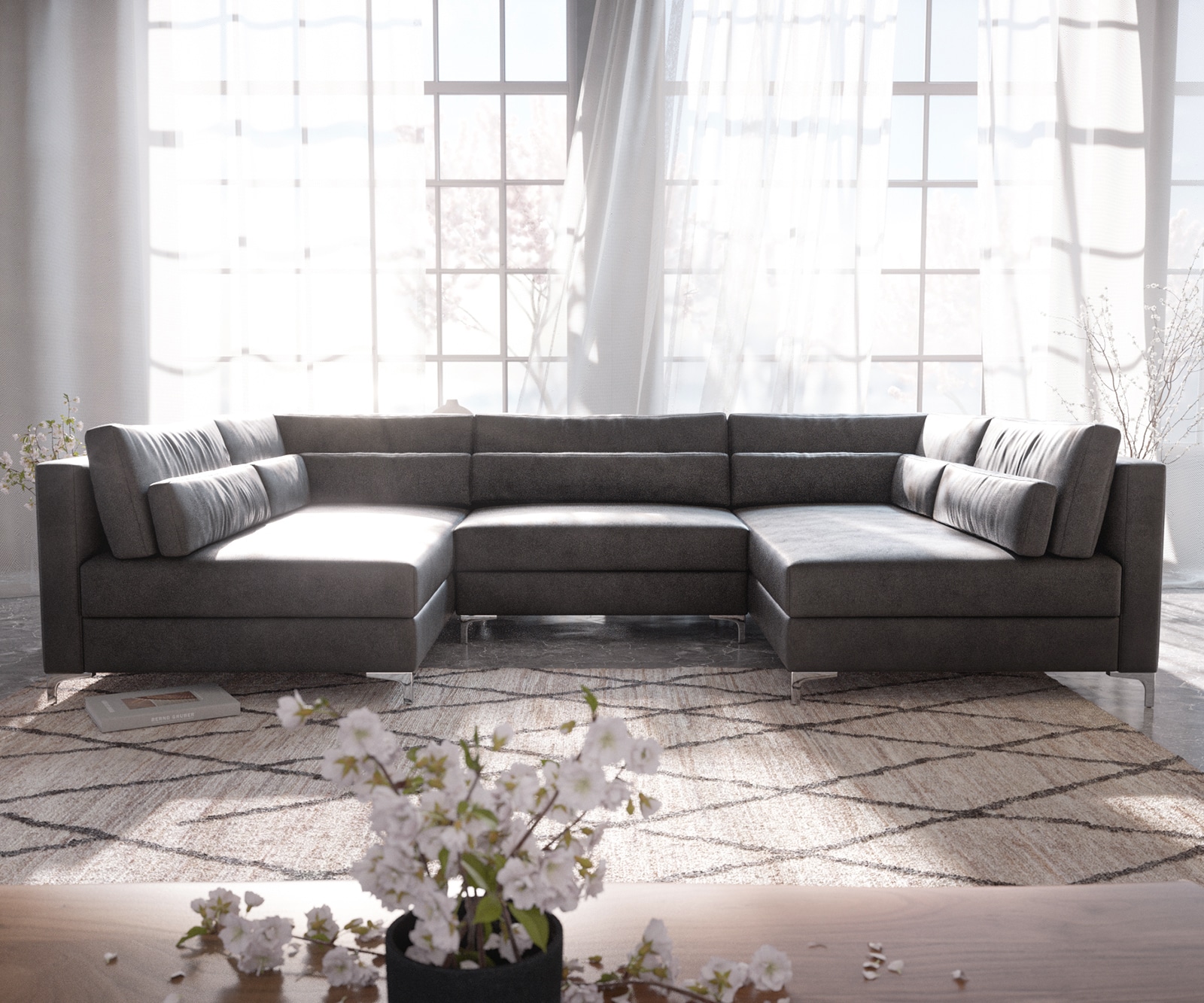  300x185 cm Имитация на кожа Винтидж Антрацит с Табуретка Elio 1