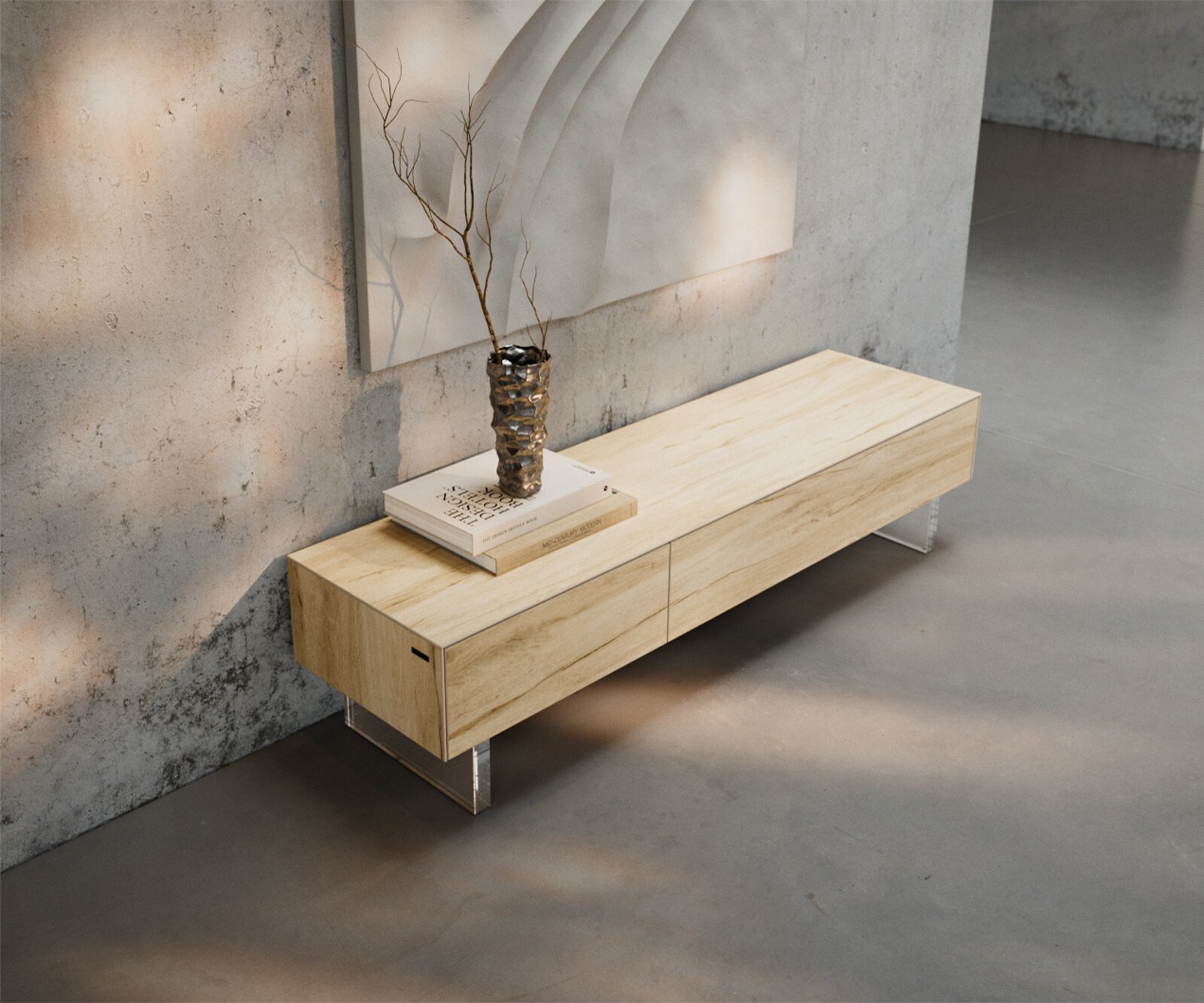 Ниска дъска Cuor 150 см Керамичен ламинат® Sabbia Дъбов цвят 1 капак 1 чекмедже Основа Плаващ вид акрилно стъкло 4