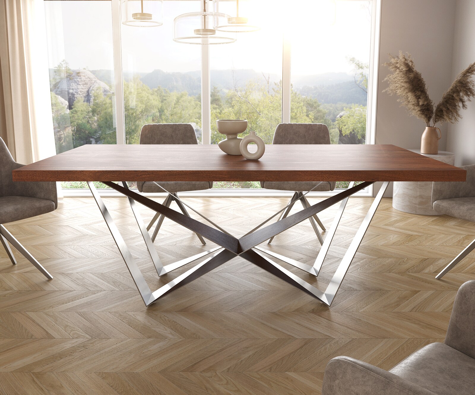 Маса 200x100cm XL Акация Кафяв Spider плоска стомана Неръждаема стомана Edge 2