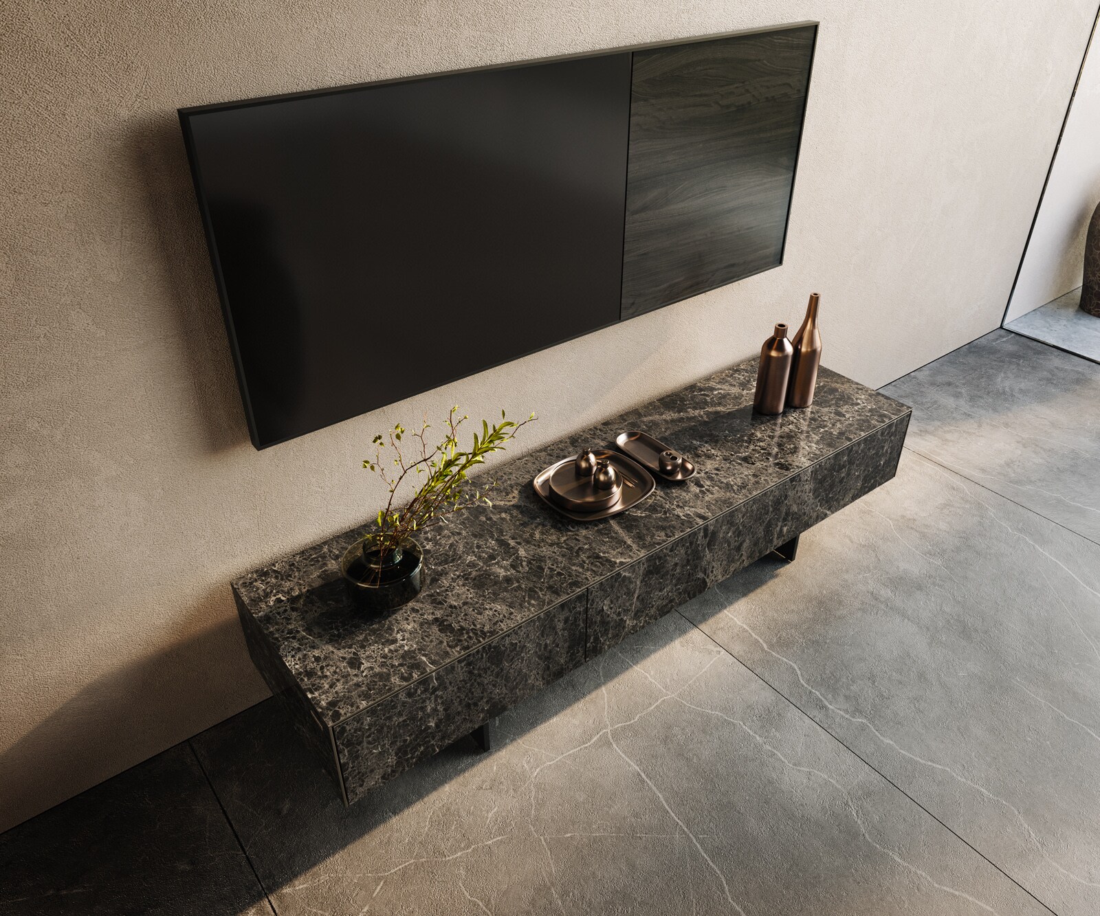 Ниска дъска Cuor 150 cm Керамичен ламинат® Emperador Extra Lucidato Тъмно кафяво 1 клапа 1 чекмедже Основа Окачен вид Метал Черен 3