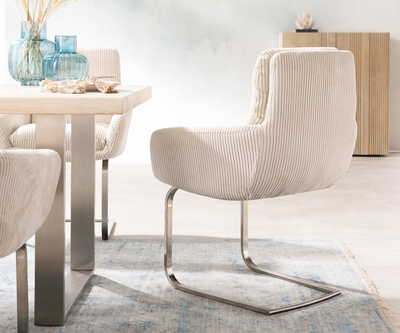 Люлеещ стол с подлакътници Корд Бежов Конзолен крак плосък Неръждаема стомана Abelia-Flex 4 Люлеещ стол с подлакътници Корд Бежов Конзолен крак плосък Неръждаема стомана Abelia-Flex 4