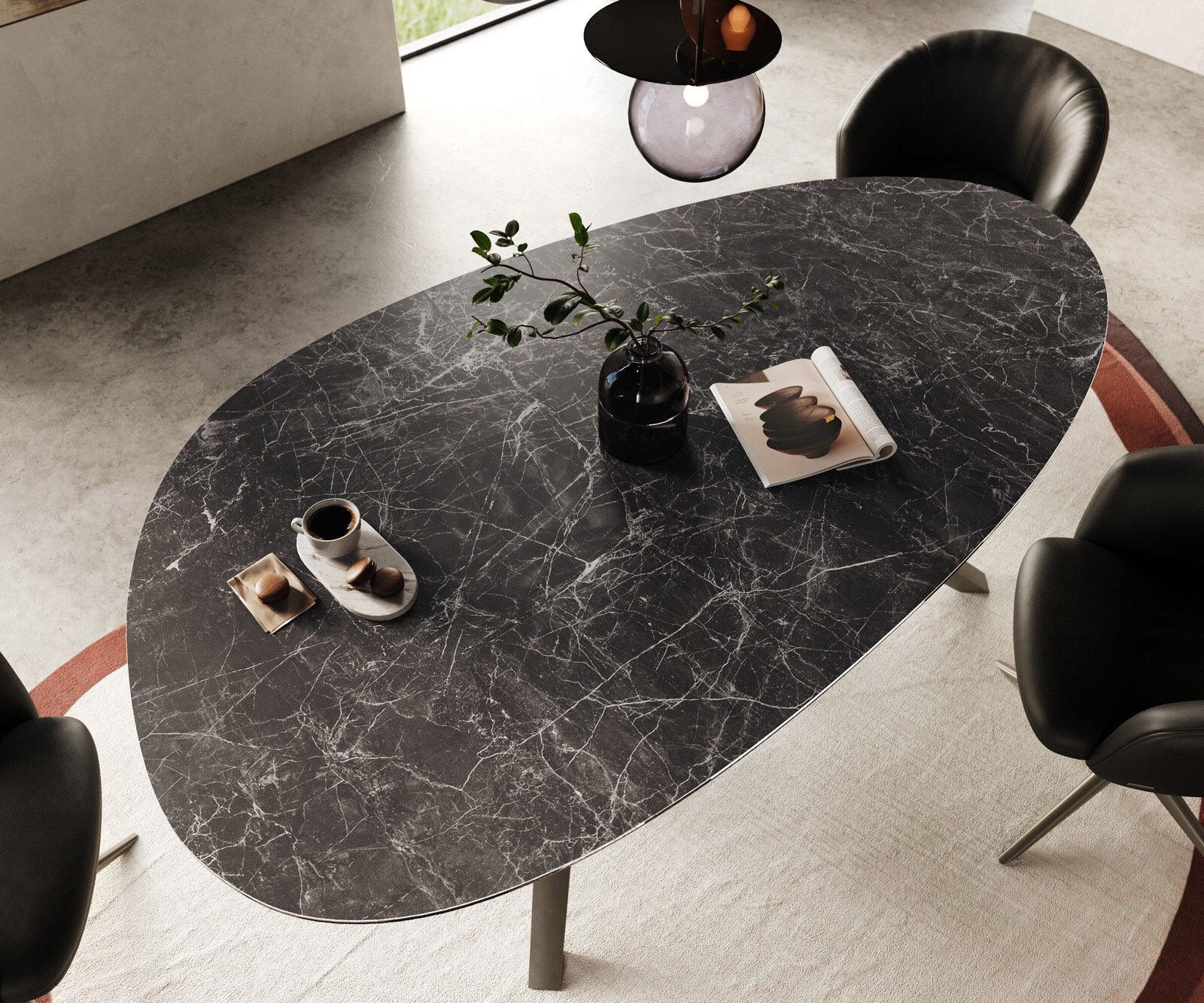 Трапезна маса Edge Oval 220x120, керамика Laminam „®“, „Nero Greco“, „Anthrazit“, „Zenthara“, с остри ръбове, метално покритие с ефект „Титан“ 4