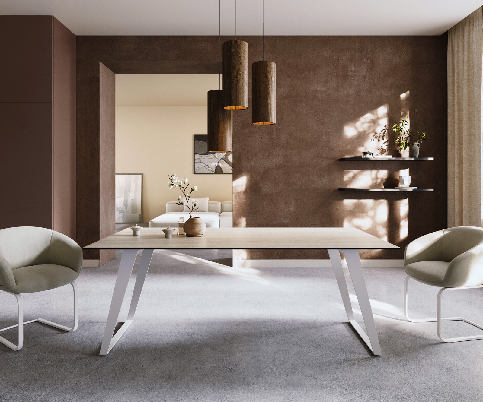 Трапезна маса Edge 200x100, керамика Laminam „®“, Travertino Bianco, кремаво-бяла, метал, наклонена, бяла