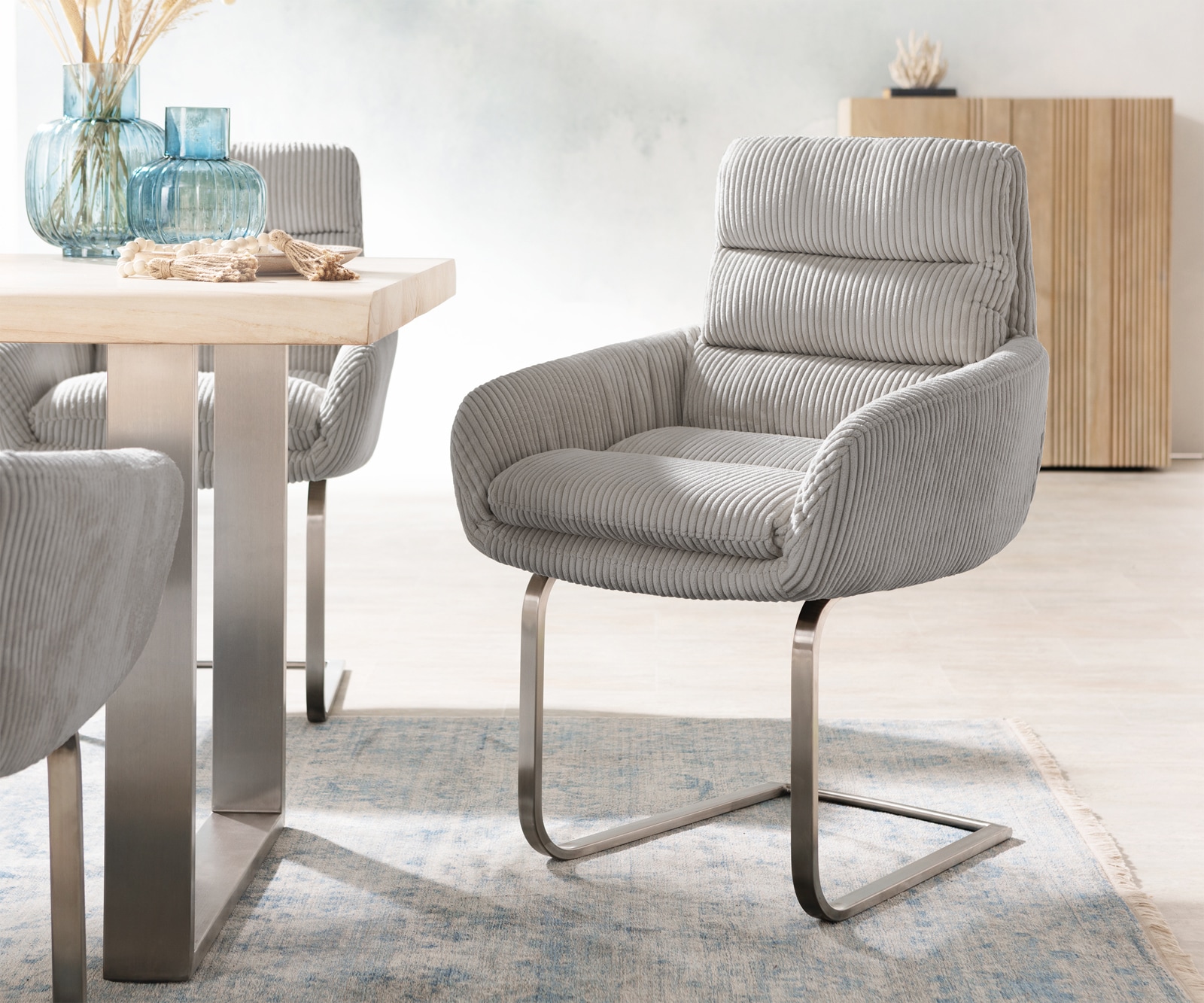 Люлеещ стол с подлакътници Корд Сребристо сив Конзолен крак плосък Неръждаема стомана Abelia-Flex Люлеещ стол с подлакътници Корд Сребристо сив Конзолен крак плосък Неръждаема стомана Abelia-Flex