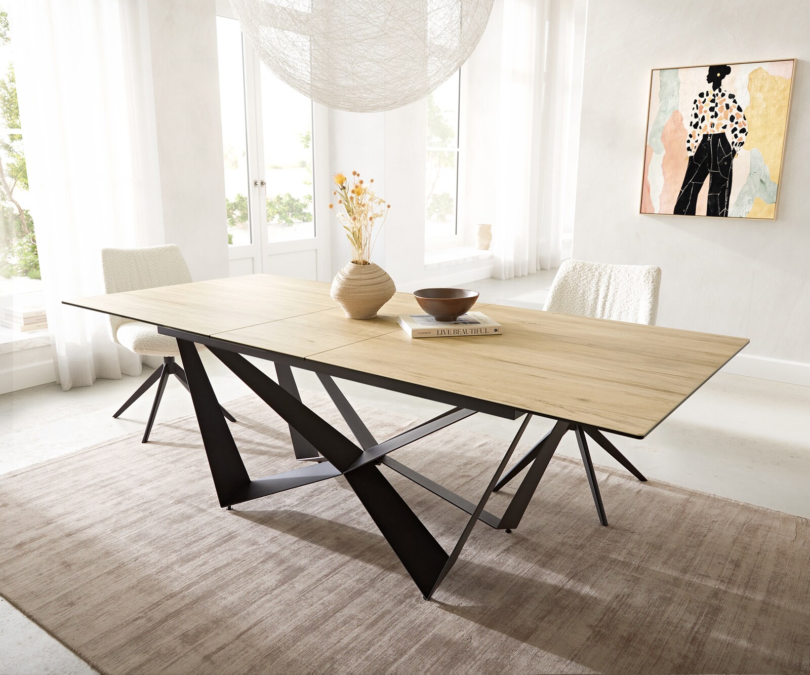 Разтегателна трапезна маса Edge 180-220х100 см Керамика Laminam® Sabbia Цвят Дъб Основа стомана тип Spider Черен цвят 1