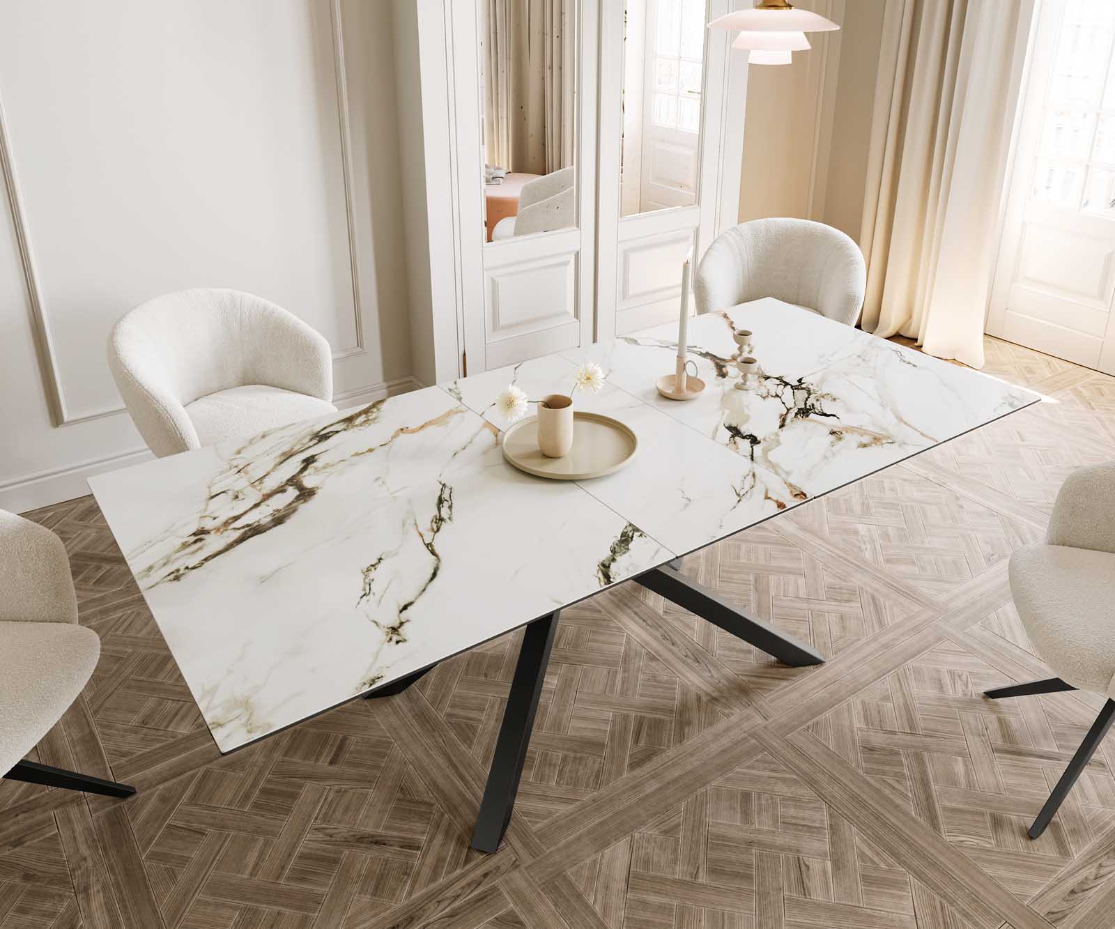 Разтегателна трапезна маса Edge 180-220х100 см Керамика Calacatta Luxe Бял-Злато-Сив Кръсртовидна основа Черен 5
