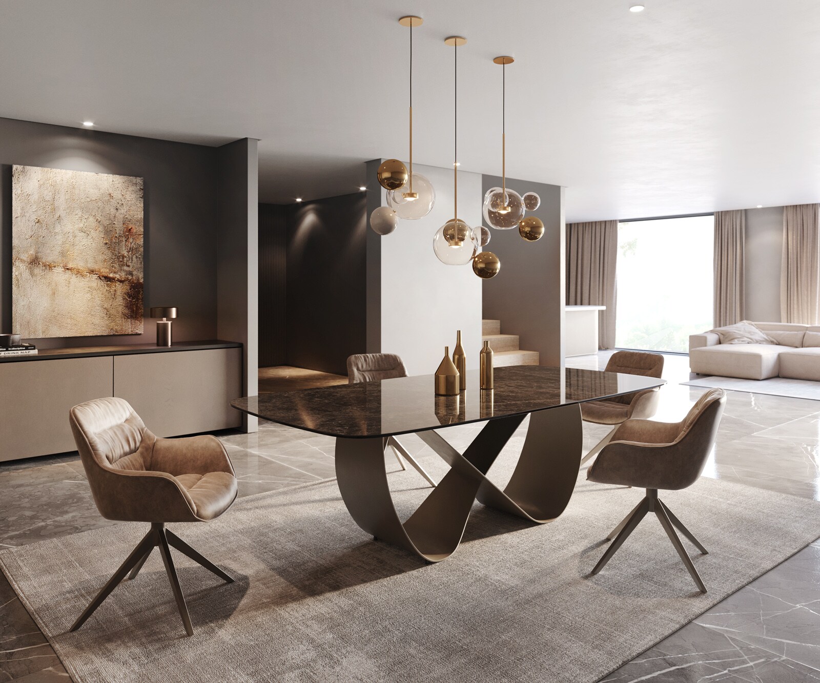 Трапезна маса Edge Boot 240x120 Керамичен ламинат® Emperador Extra Lucidato Тъмнокафяво Infinity Покритие с метален ефект Titanium 6