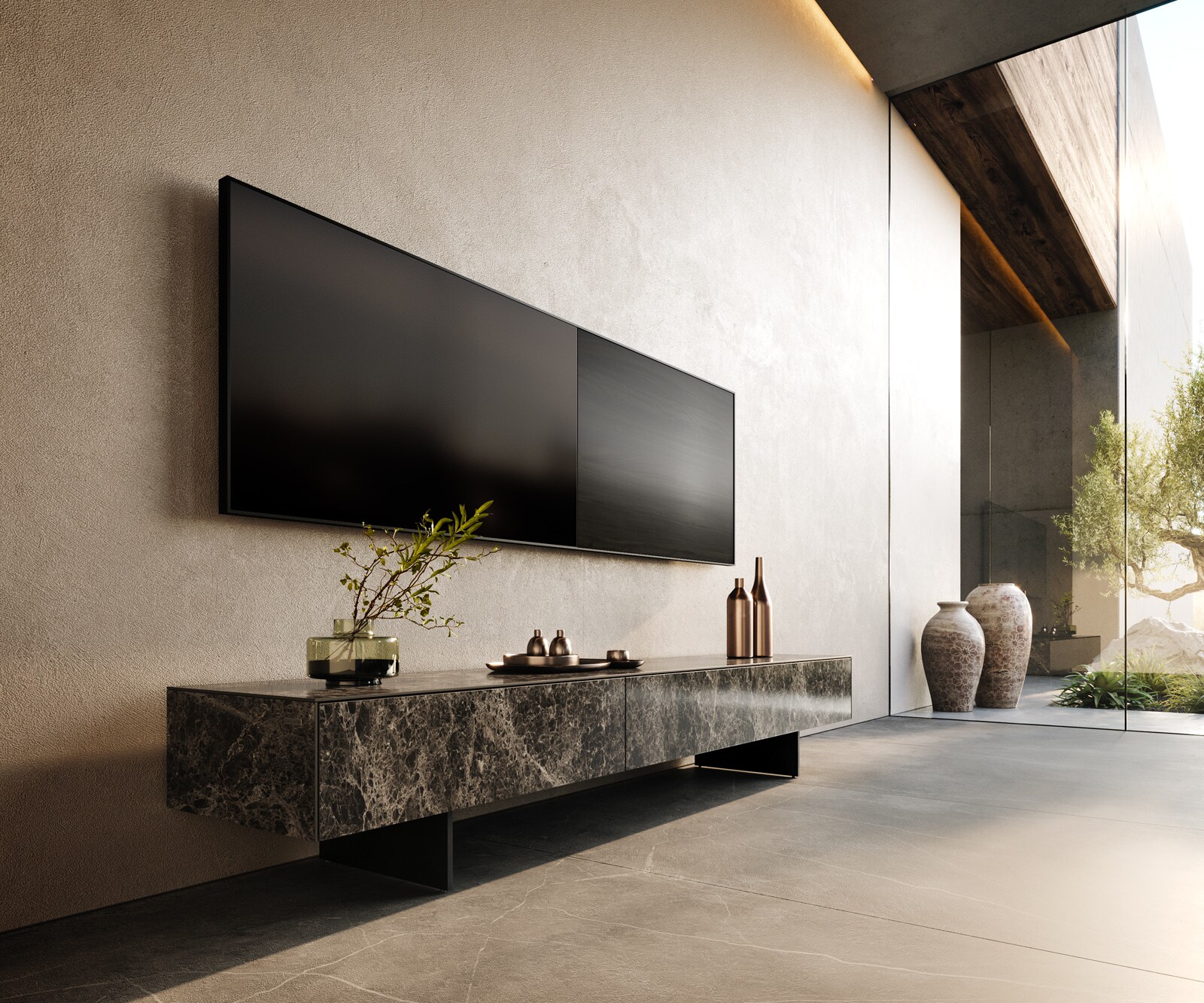 ТВ шкаф Cuor 200 см Керамика Laminam® Emperador Extra Lucidato Тъмно-кафяво 1 врата 1 чекмедже Основа Метал Черен