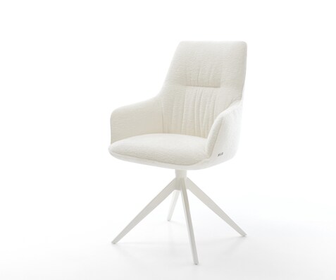 Въртящ се стол Zelia-Flex с подлакътници Bouclé Soft Бежово Кръстосана рамка широка Бяло 360° въртене Люлееща се функция Ядро от джобни пружини