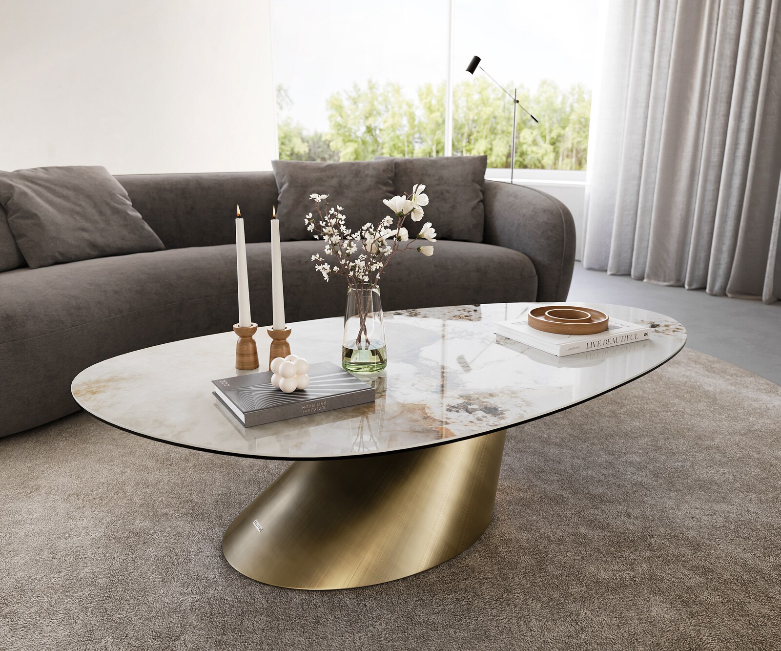 Edge Овална масичка за кафе 140x75 cm керамика Minas Melange Conis Metallic Gold