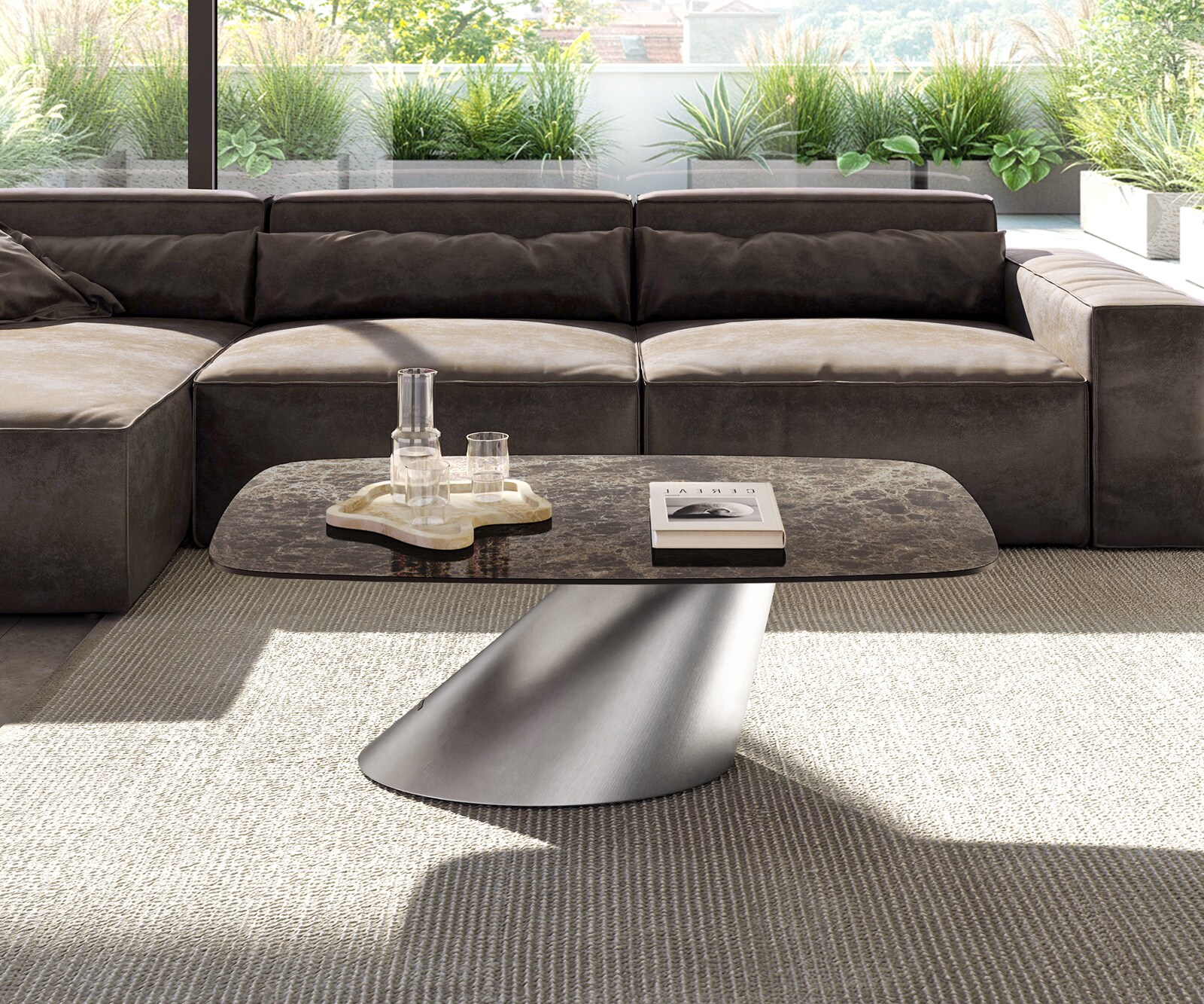 Масичка за кафе Edge Boot 120x70 cm керамика Laminam® Emperador Extra Lucidato Тъмно кафяво Conis матирана неръждаема стомана 1
