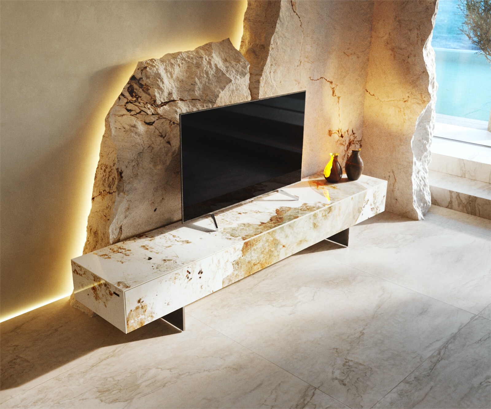 Нисък плот Cuor 200 см Керамика Minas Melange Бяло-бежово 1 клапа 1 чекмедже Основа Плаващ вид Неръждаема стомана 3