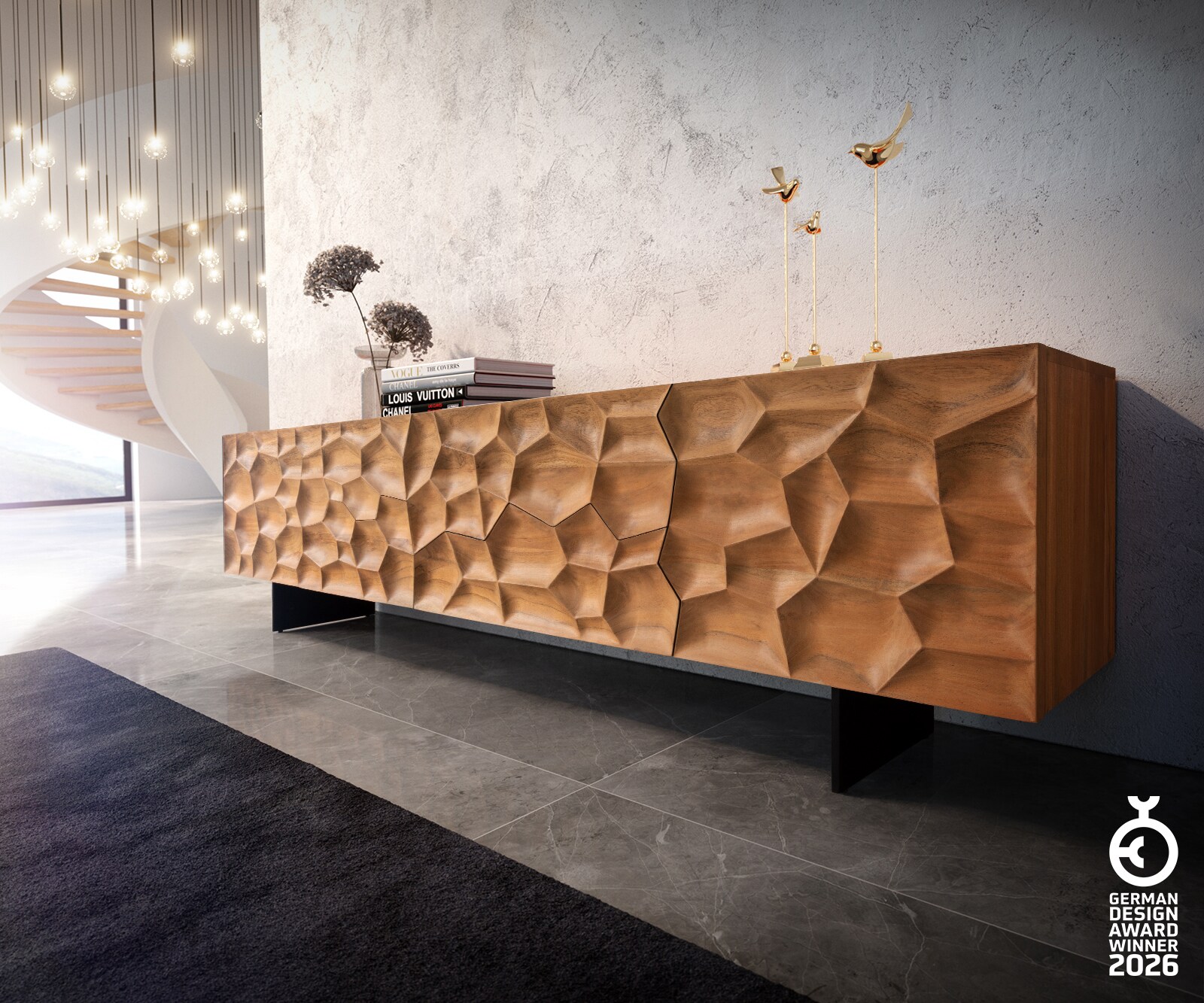 ТВ шкаф 220 cm Акация Натурал 2 Врати 4 Чекмеджета Крак висящ Метал Черен 3D-Front Solu