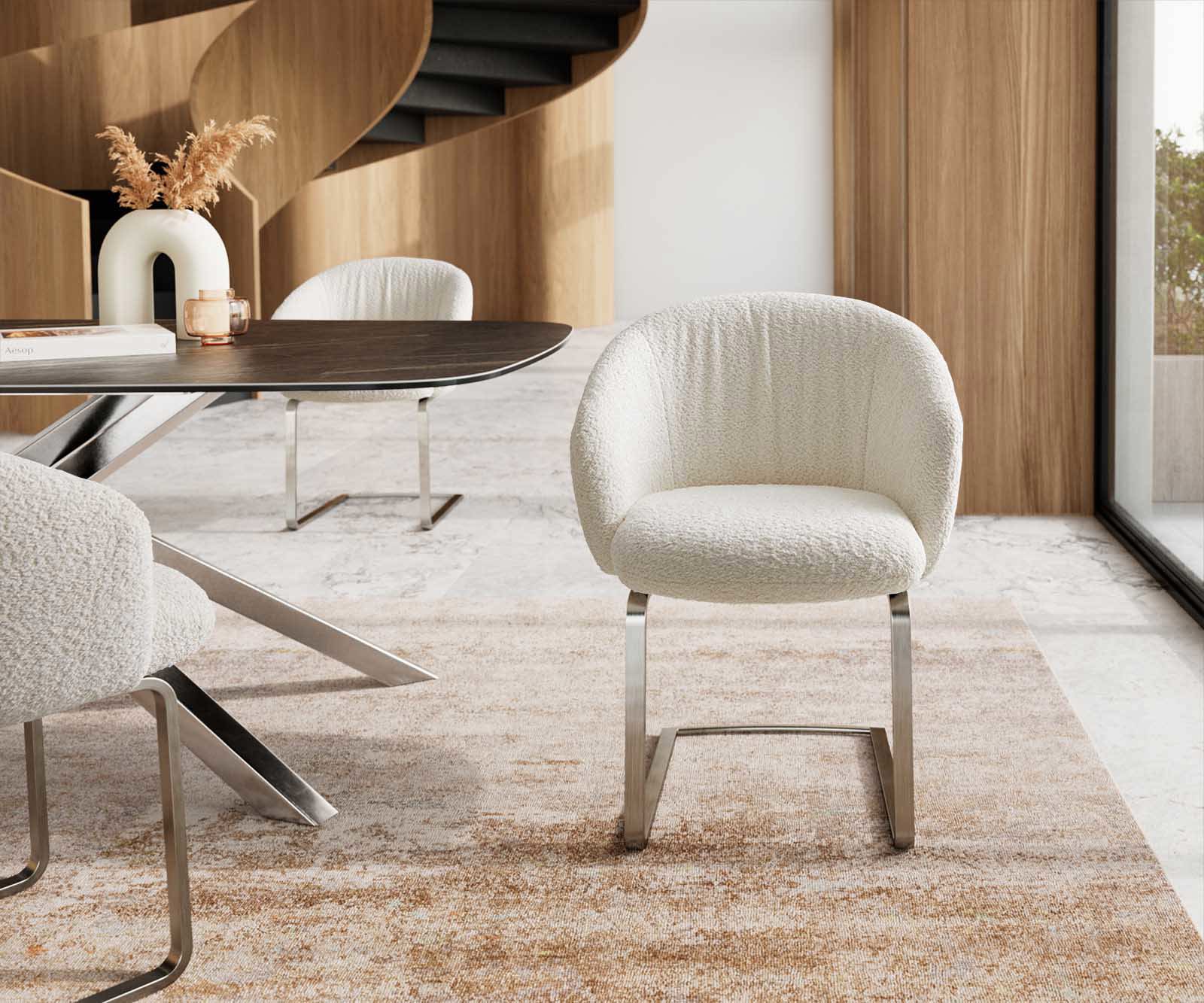 Люлеещ стол с подлакътници Букле Бял Конзолен крак плосък Неръждаема стомана Покет пружина Caja-Flex 1 Люлеещ стол с подлакътници Букле Бял Конзолен крак плосък Неръждаема стомана Покет пружина Caja-Flex 1