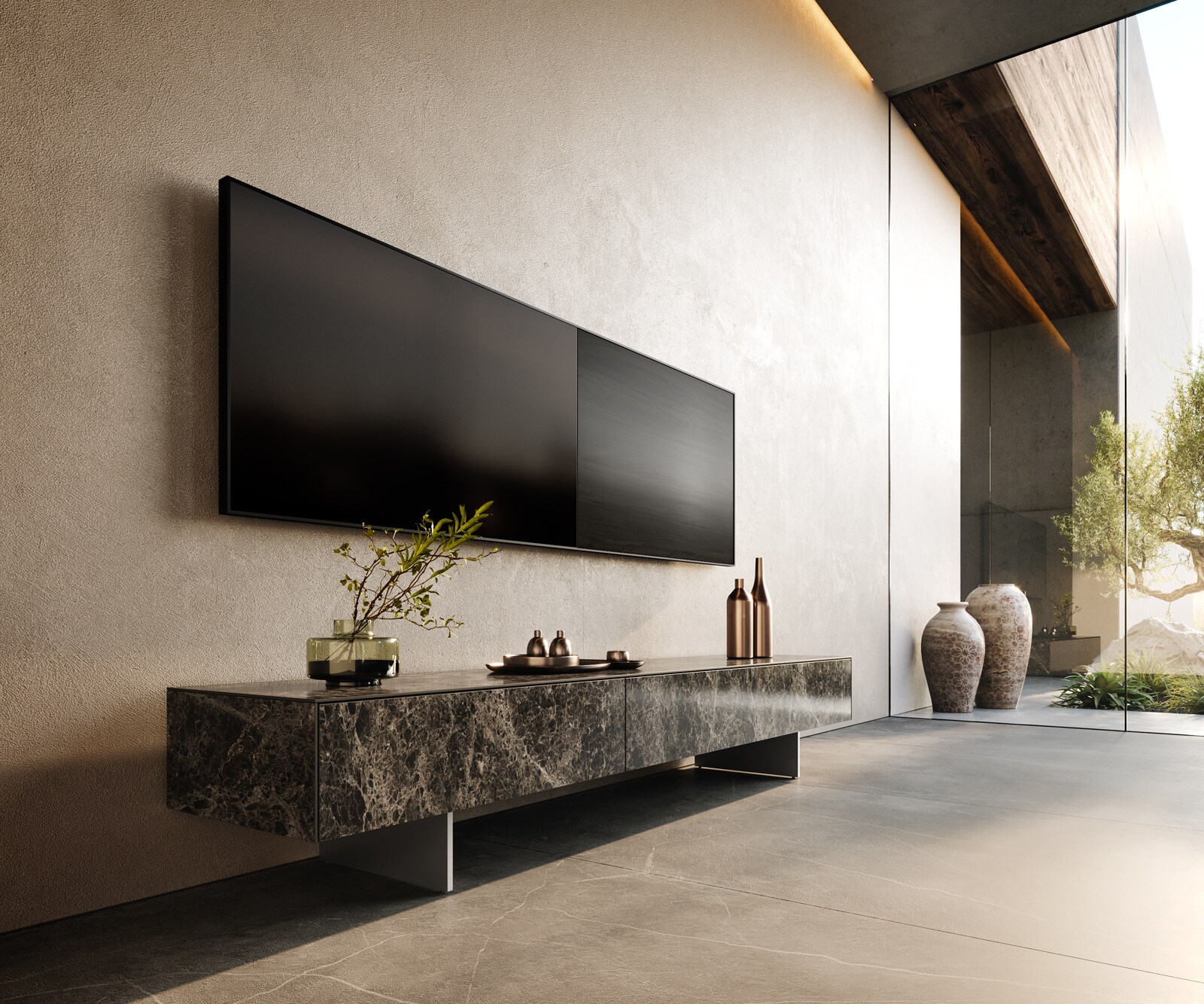 ТВ шкаф Cuor 200 см Керамика Laminam® Emperador Extra Lucidato Тъмно-кафяво 1 врата 1 чекмедже Основа неръждаема стомана