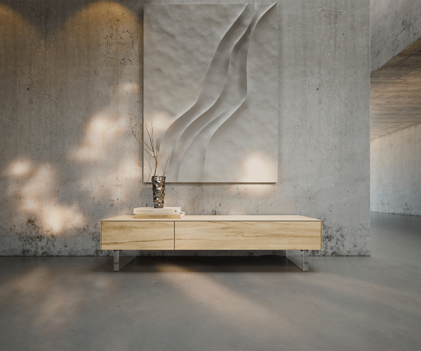 Ниска дъска Cuor 150 см Керамичен ламинат® Sabbia Дъбов цвят 1 капак 1 чекмедже Основа Плаващ вид акрилно стъкло 3