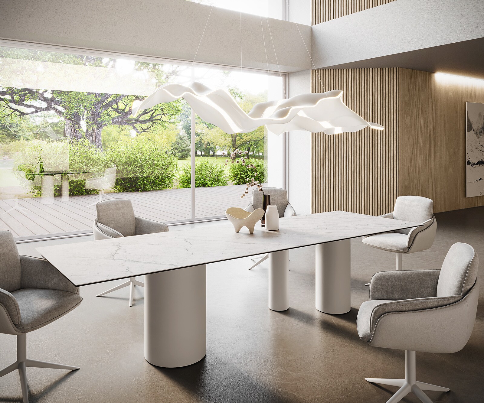Трапезна маса Edge 300x100, керамика Laminam „®“, Statuarietto бяло, Troa метал бяло 1