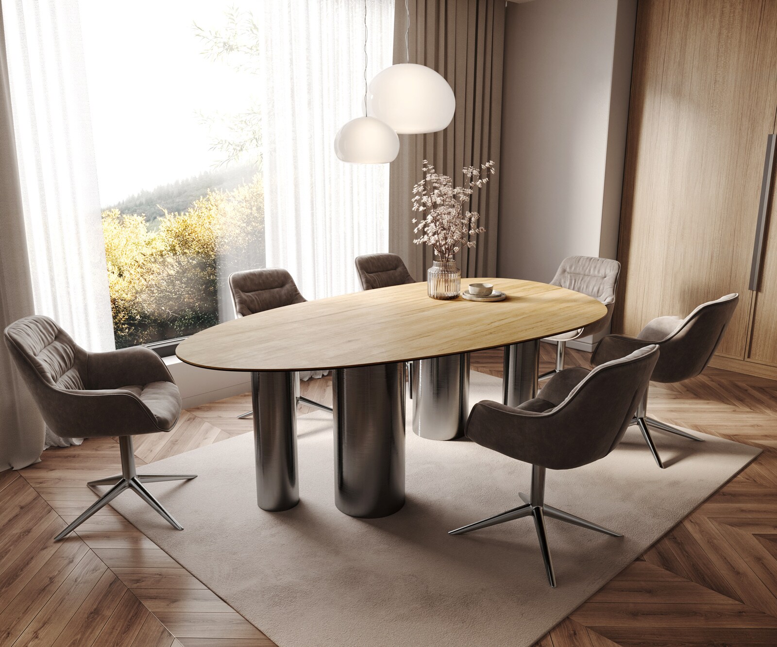 Трапезна маса Edge Oval 220x120 Керамичен ламинат® Sabbia Дъбов цвят Pilier Неръждаема стомана Графит 6