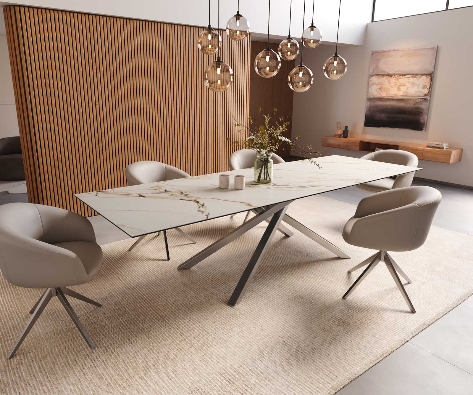 Трапезна маса Edge 300x100, керамика Calacatta Luxe, бяло-златно-сиво, кръстообразна рамка, правоъгълна, неръждаема стомана 8