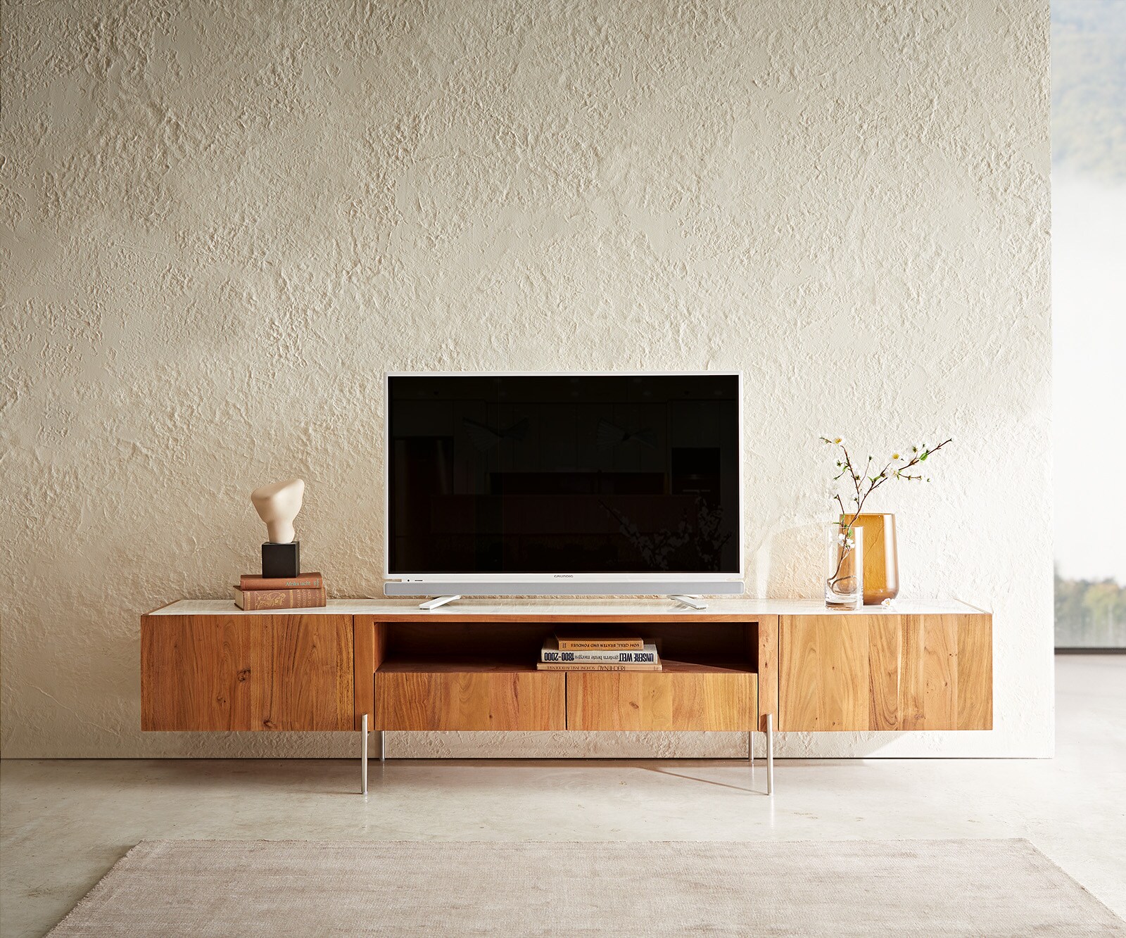 ТВ шкаф 220 cm Акация Натурал 2 Врати 2 Чекмеджета Мрамор крака Неръждаема стомана Secara 1