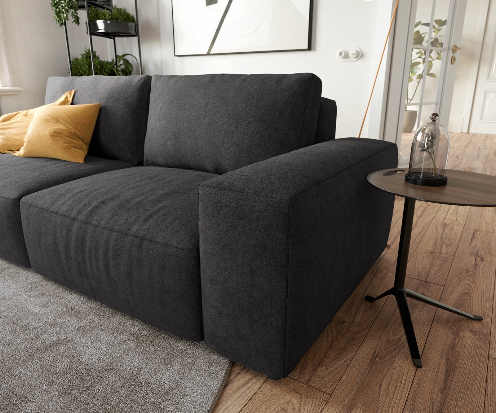 Голям диван Lanzo L 230x95 см Микрофибър Черен с табуретка 5