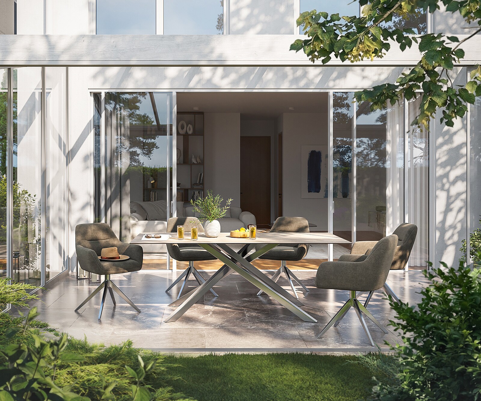 Маса Edge 200x100 см, Подходяща за външна употреба, керамика Laminam „®“, Travertino Bianco, кремаво-бяла, с кръстообразна рамка, правоъгълна, от неръждаема стомана 2