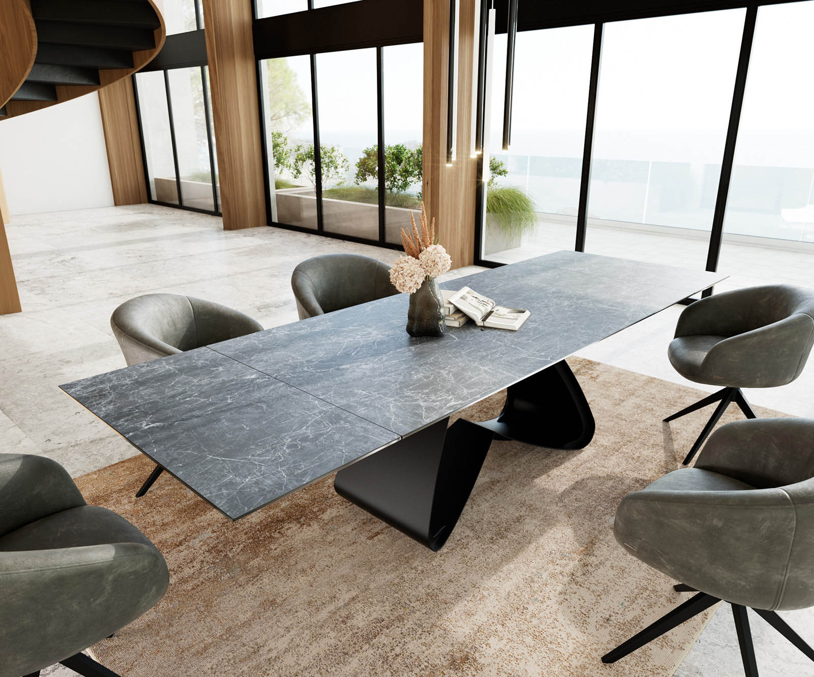Разтегателна трапезна маса Edge 200-300х100 см Керамика Laminam® Nero Greco Антрацит W-образна основа Черен