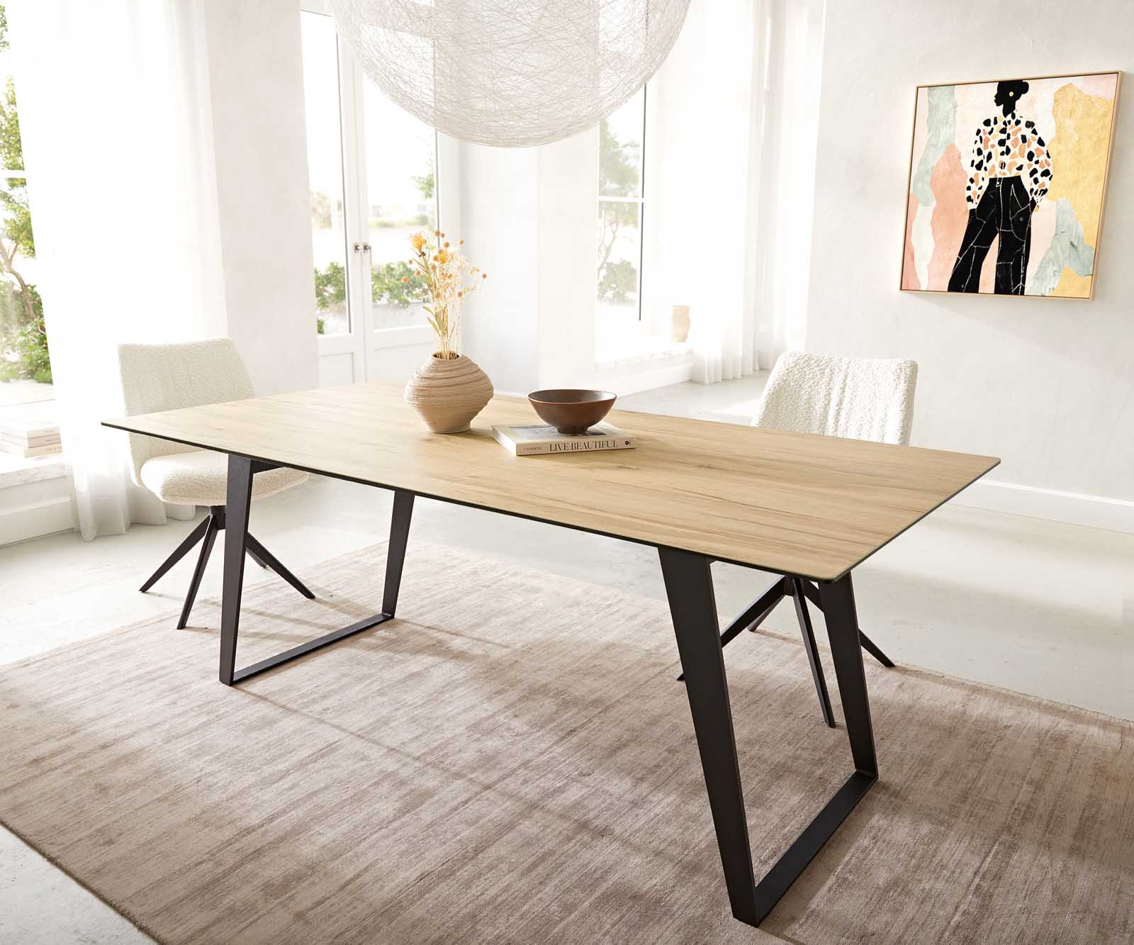 Маса 200x100 Keramik Laminam® Sabbia Дъбfarbig Метал под ъгъл Черен Edge 1