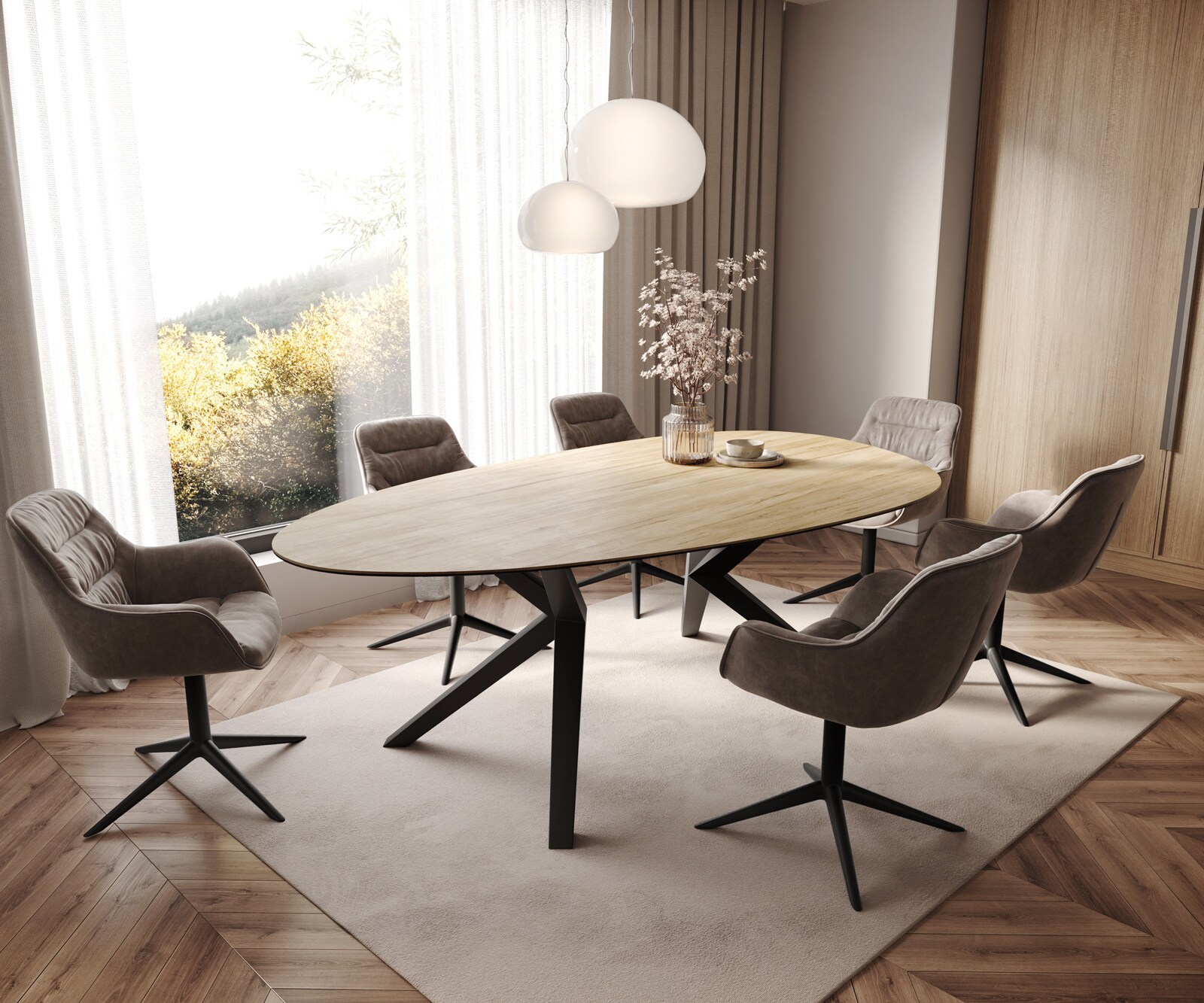 Трапезна маса Edge Oval 220x120, керамика Laminam „®“, цвят „Sabbia“ (дъбов), Zenthara, с остри ръбове, метал, черна 7