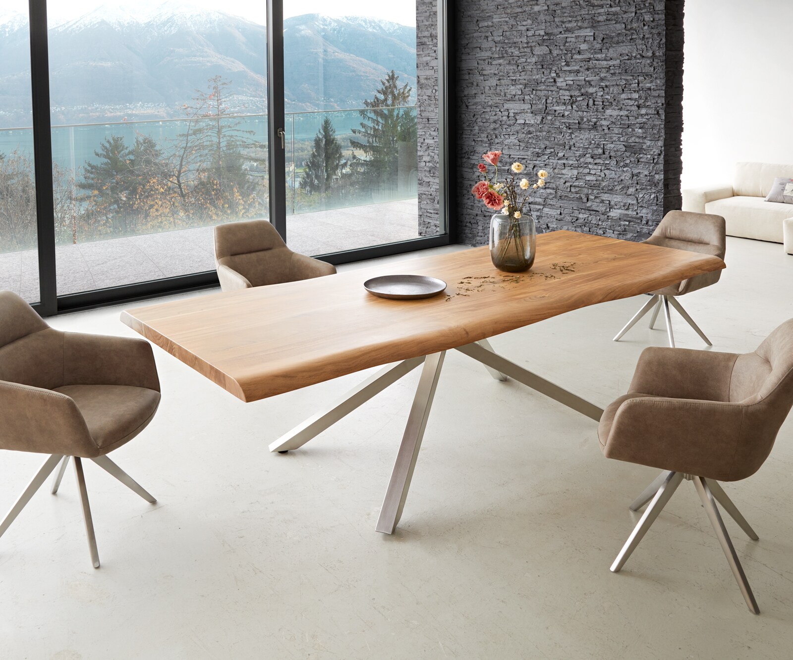 Трапезна маса Edge 260x100 XL от естествена акация, с кръстообразна рамка, правоъгълна, от неръждаема стомана, с естествени ръбове 6